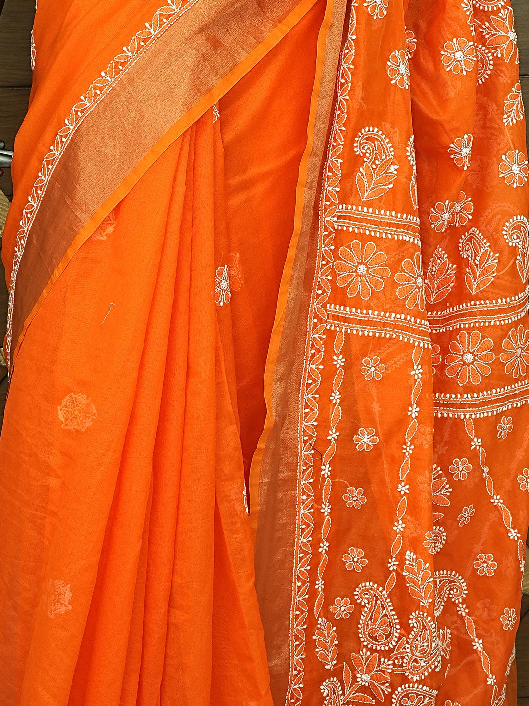 Ada Hand Embroidered Orange Chanderi Lucknowi Chikankari Saree With Blouse 01A878659