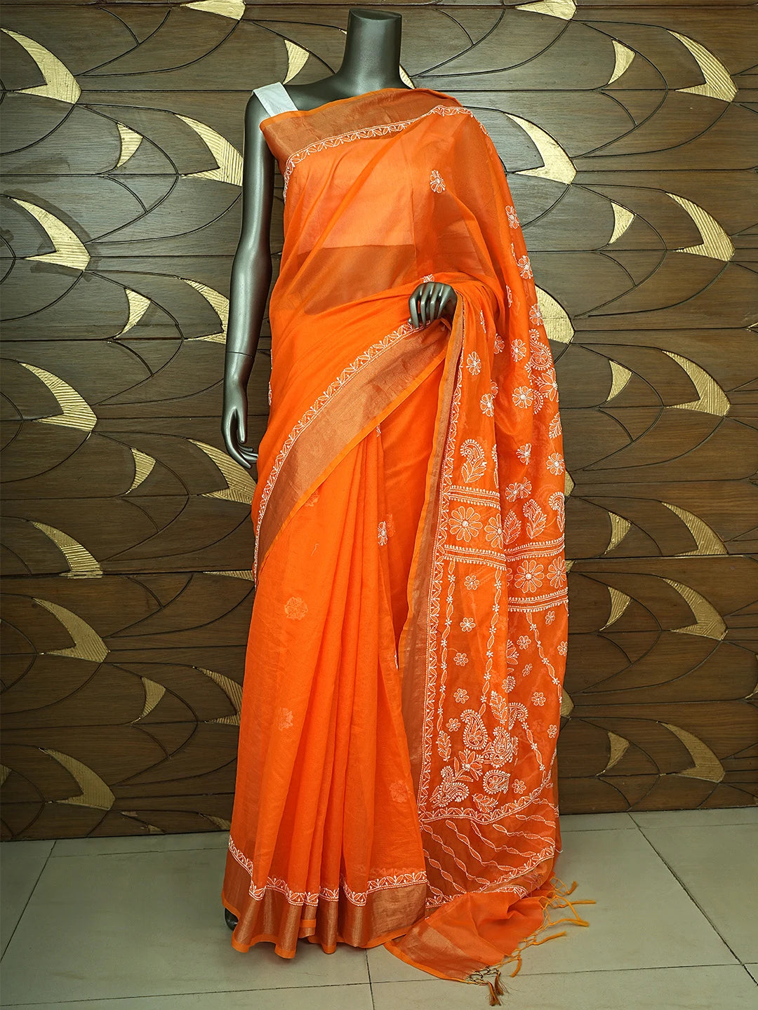 Ada Hand Embroidered Orange Chanderi Lucknowi Chikankari Saree With Blouse 01A878659