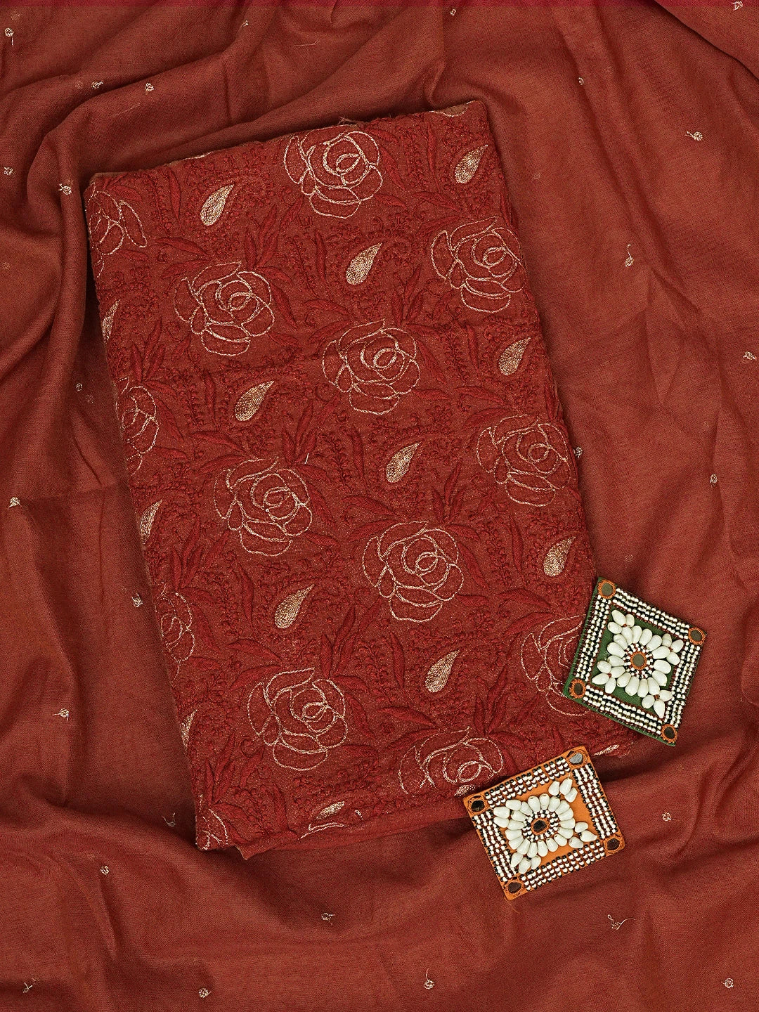 Ada Hand Embroidered Maroon Tissue Lucknowi Chikankari Unstitched Kurta Dupatta Set With Zari Work 01A526018