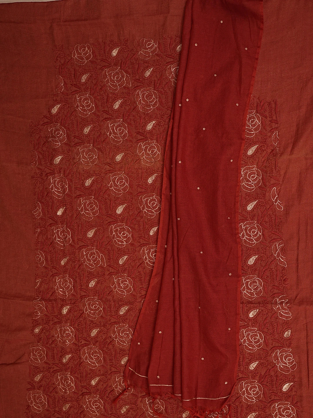 Ada Hand Embroidered Maroon Tissue Lucknowi Chikankari Unstitched Kurta Dupatta Set With Zari Work 01A526018