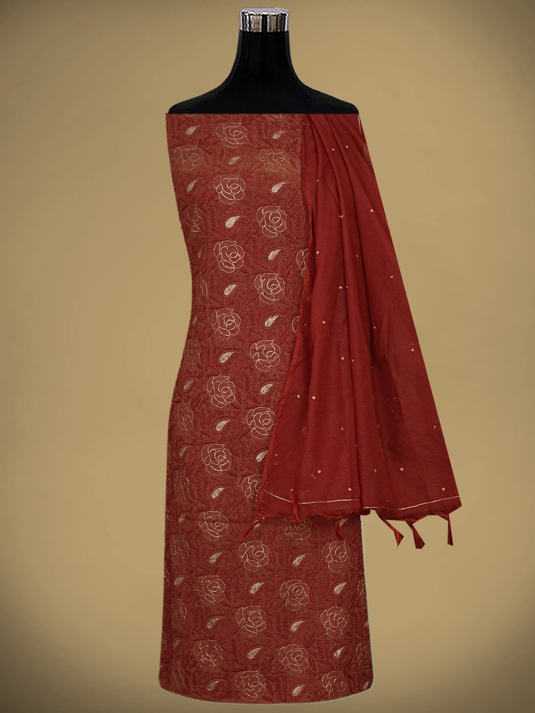 Ada Hand Embroidered Maroon Tissue Lucknowi Chikankari Unstitched Kurta Dupatta Set With Zari Work 01A526018