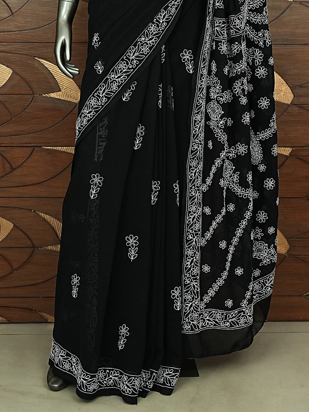 Ada Hand Embroidered Black Georgette Lucknowi Chikankari Saree and Blouse 01A892346