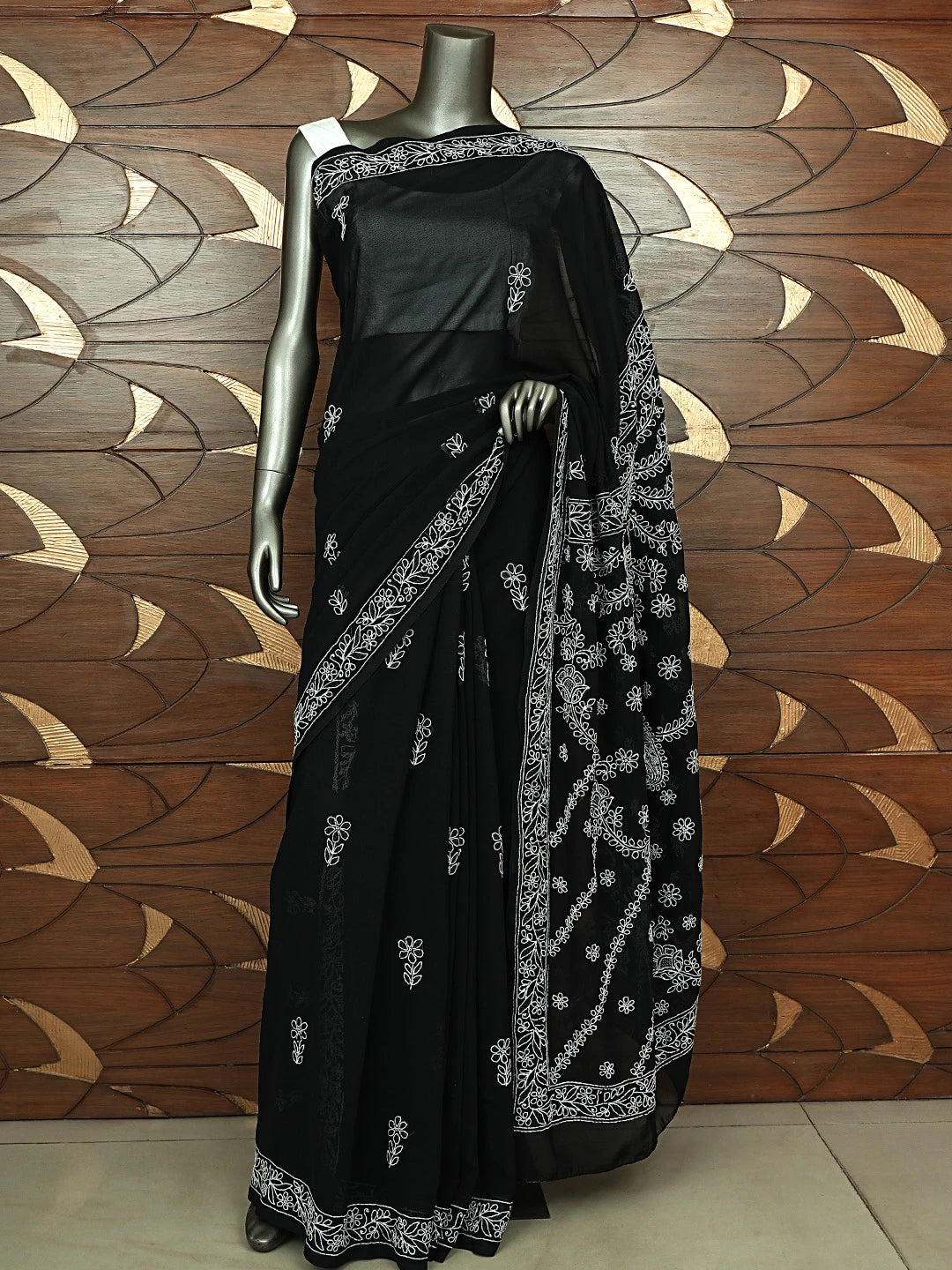 Ada Hand Embroidered Black Georgette Lucknowi Chikankari Saree and Blouse 01A892346