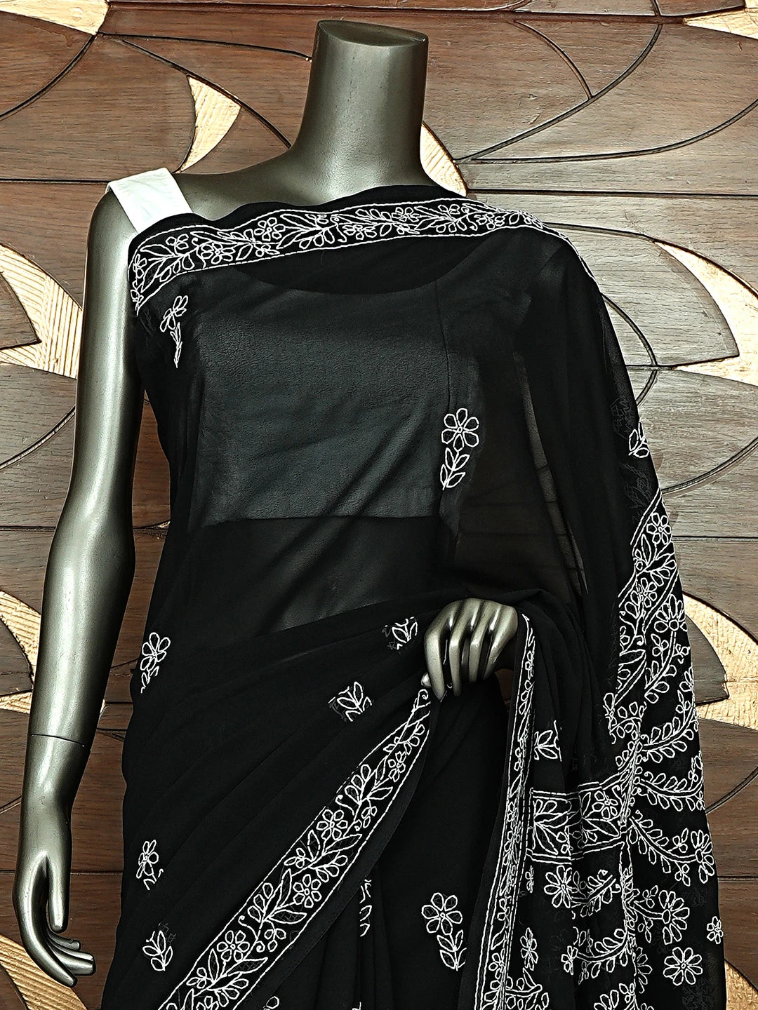Ada Hand Embroidered Black Georgette Lucknowi Chikankari Saree and Blouse 01A892346