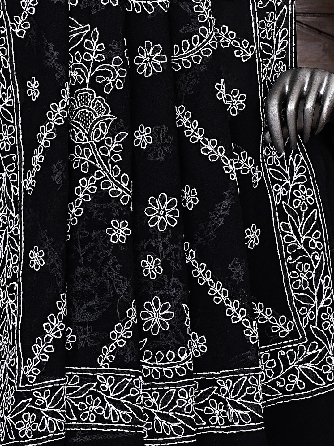Ada Hand Embroidered Black Georgette Lucknowi Chikankari Saree and Blouse 01A892346