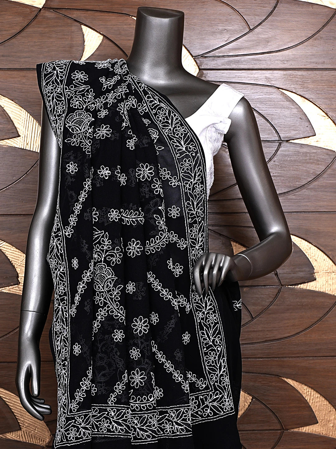 Ada Hand Embroidered Black Georgette Lucknowi Chikankari Saree and Blouse 01A892346