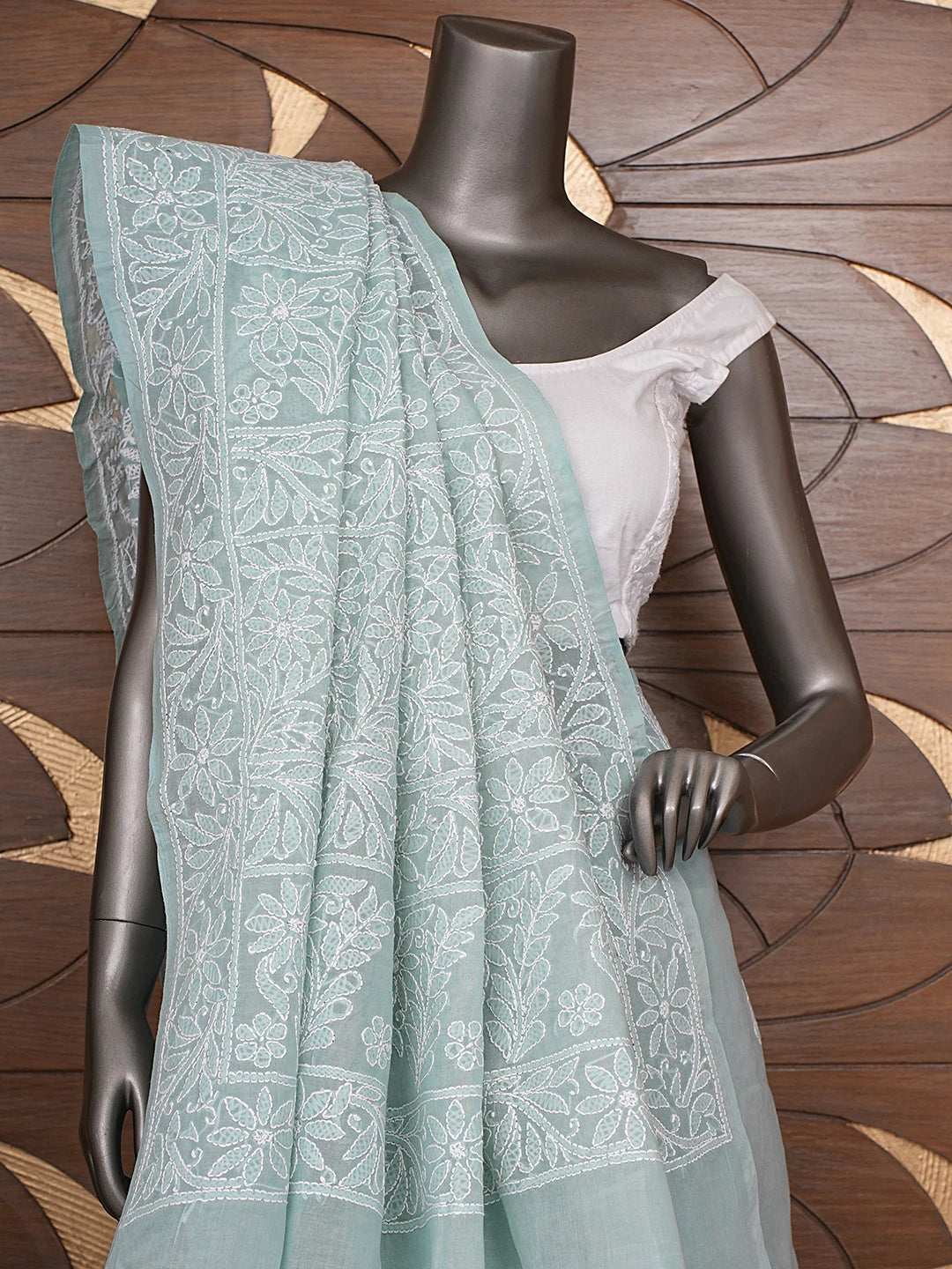 Ada Hand Embroidered Grey Cotton Lucknowi Chikankari Saree and Blouse 01A880728