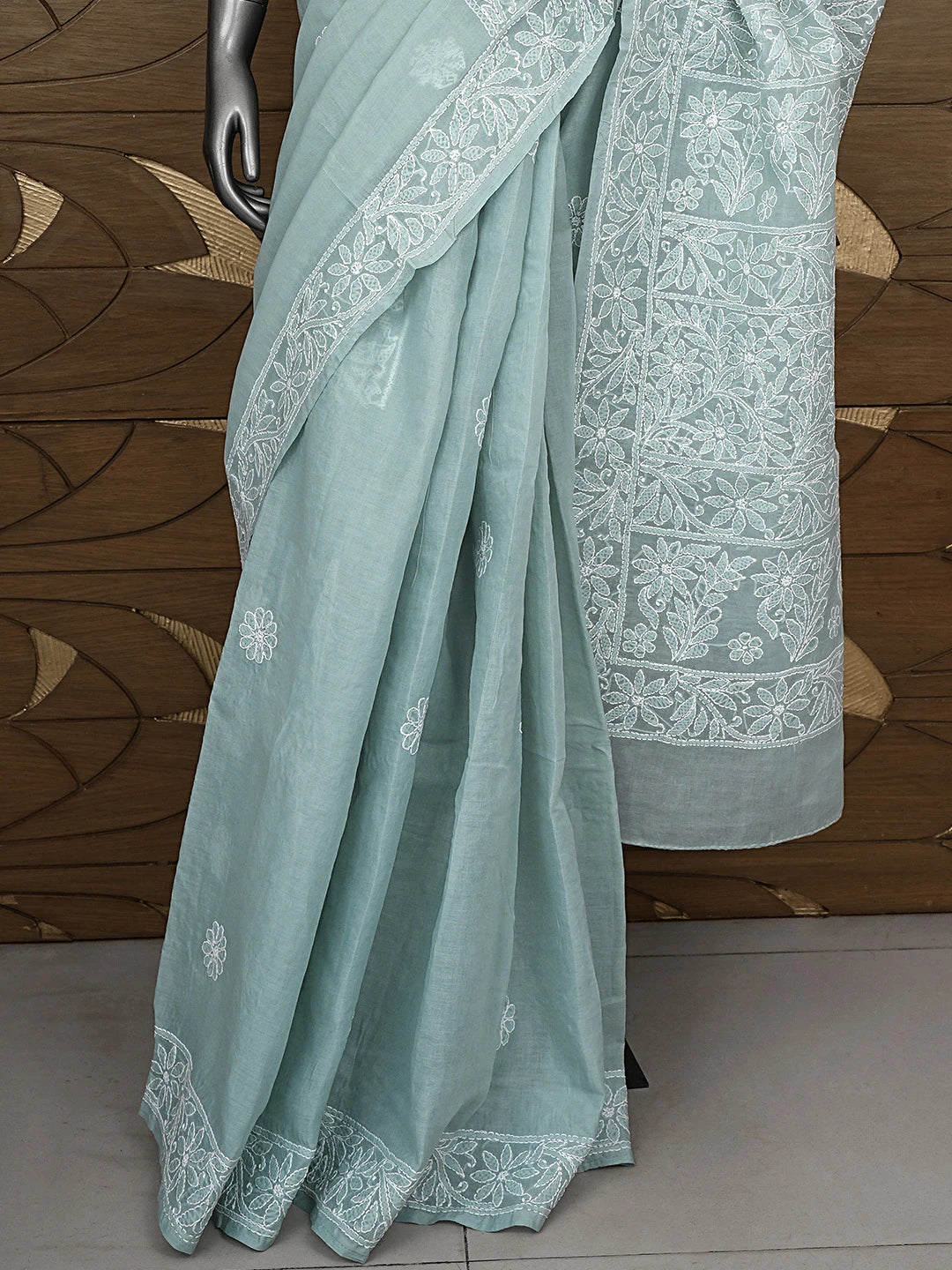 Ada Hand Embroidered Grey Cotton Lucknowi Chikankari Saree and Blouse 01A880728