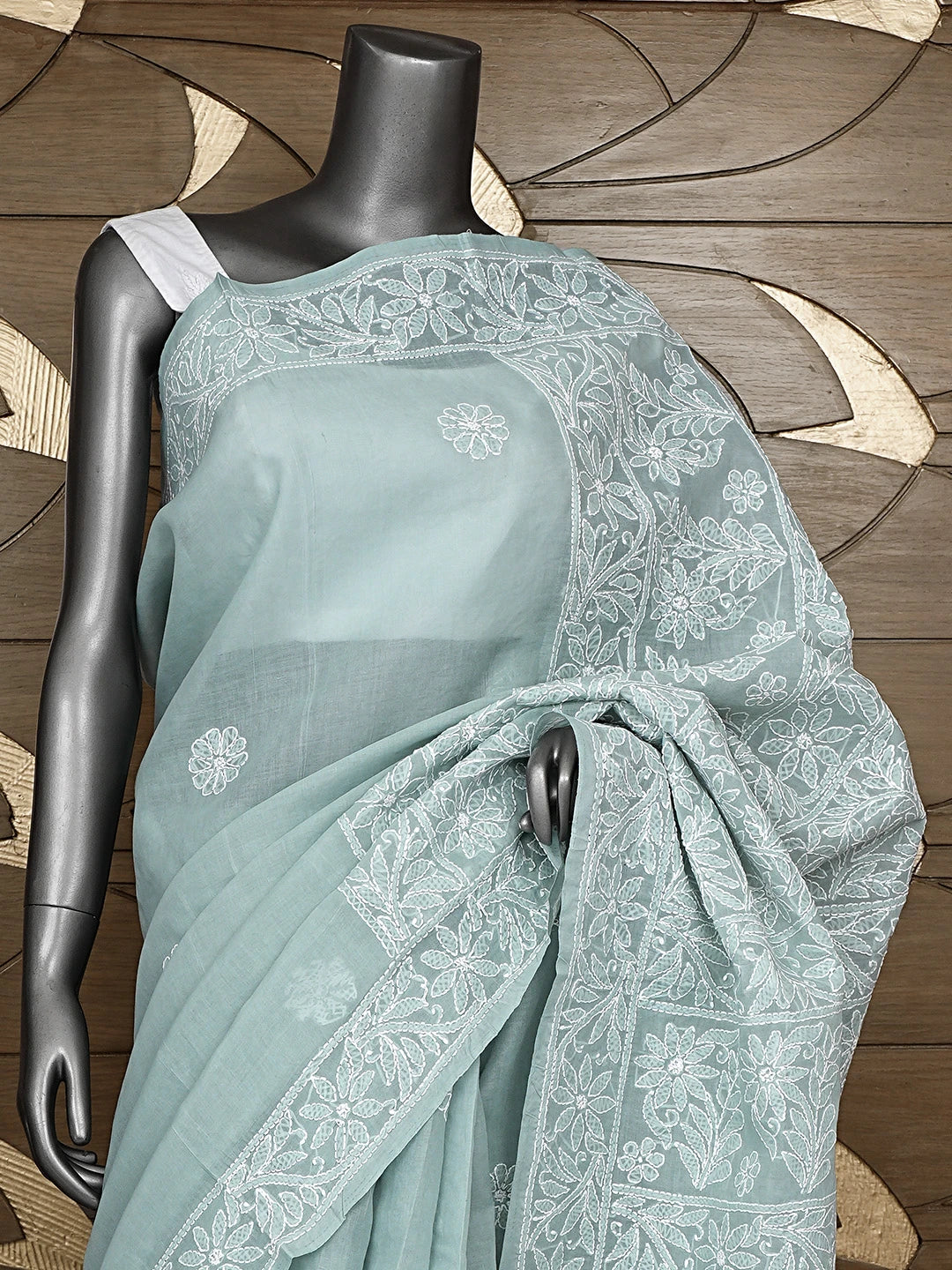 Ada Hand Embroidered Grey Cotton Lucknowi Chikankari Saree and Blouse 01A880728
