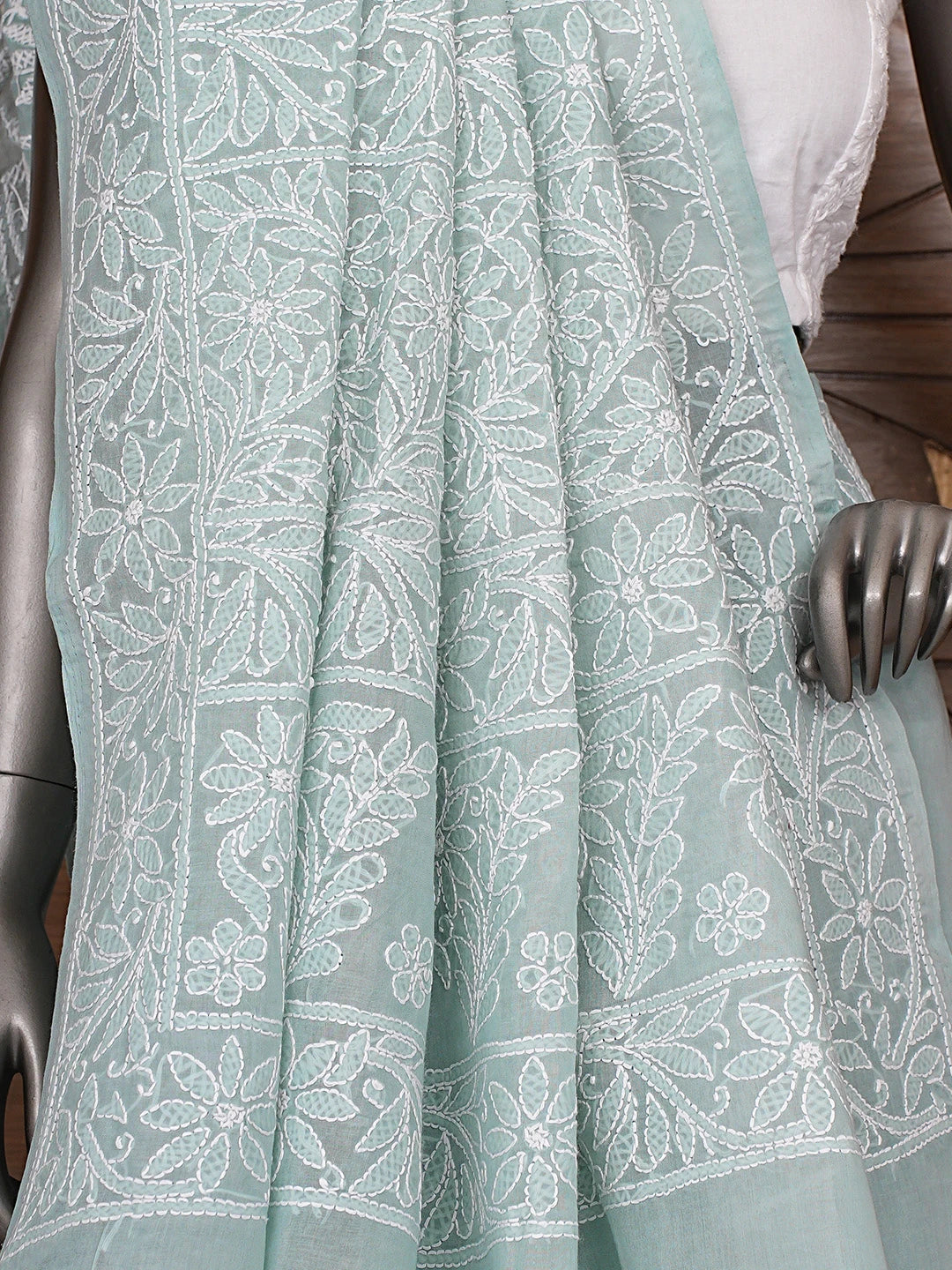 Ada Hand Embroidered Grey Cotton Lucknowi Chikankari Saree and Blouse 01A880728