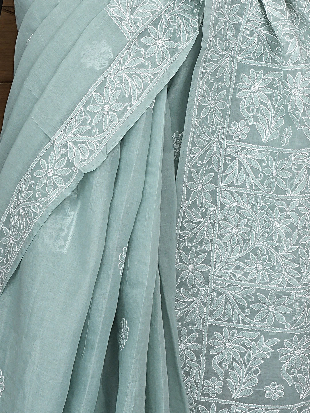 Ada Hand Embroidered Grey Cotton Lucknowi Chikankari Saree and Blouse 01A880728