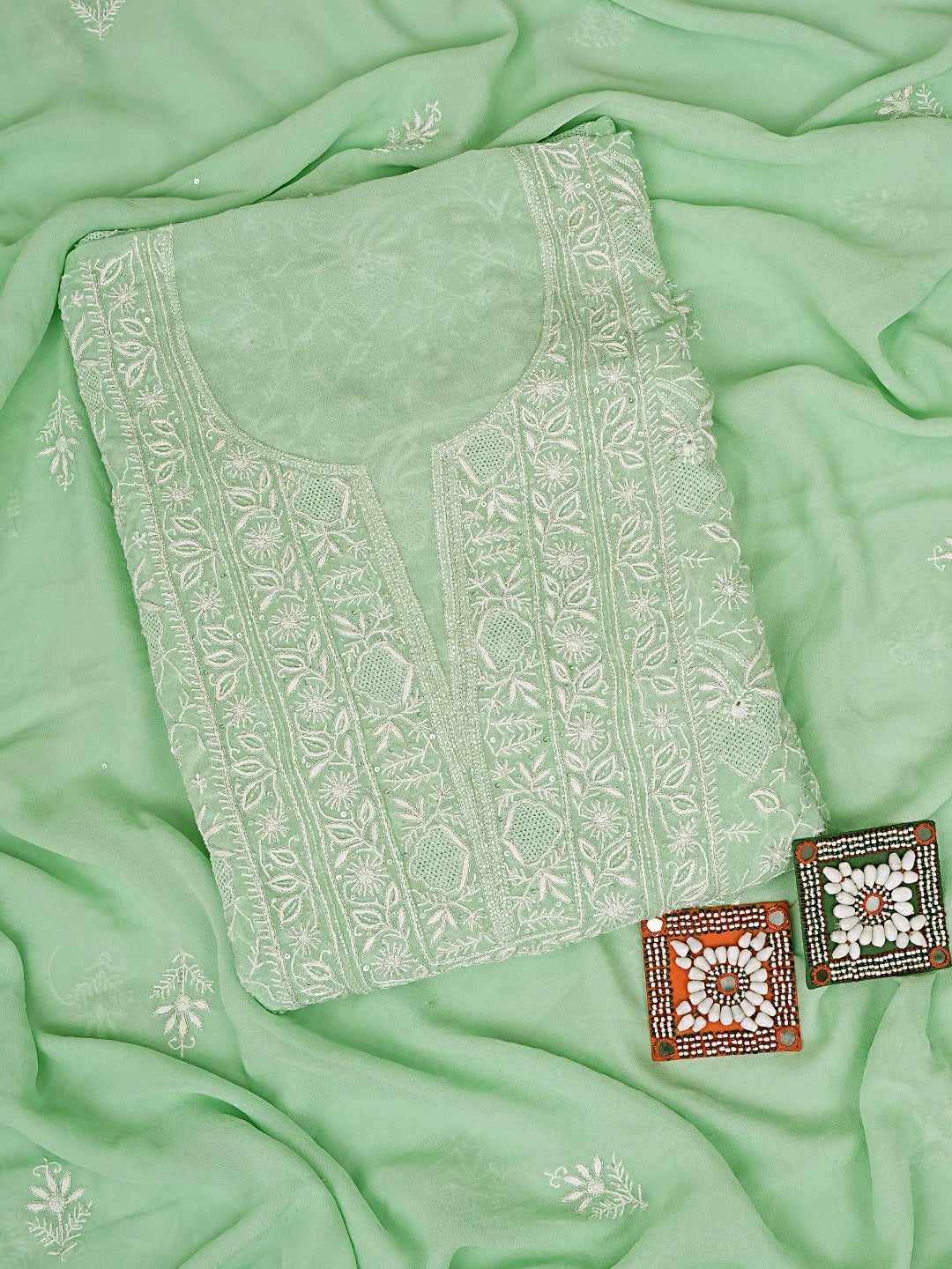 Ada Hand Embroidered Sea Green Pure Georgette Lucknowi Chikankari Unstitched Kurta Dupatta Set With Cutdana Work 01A865530