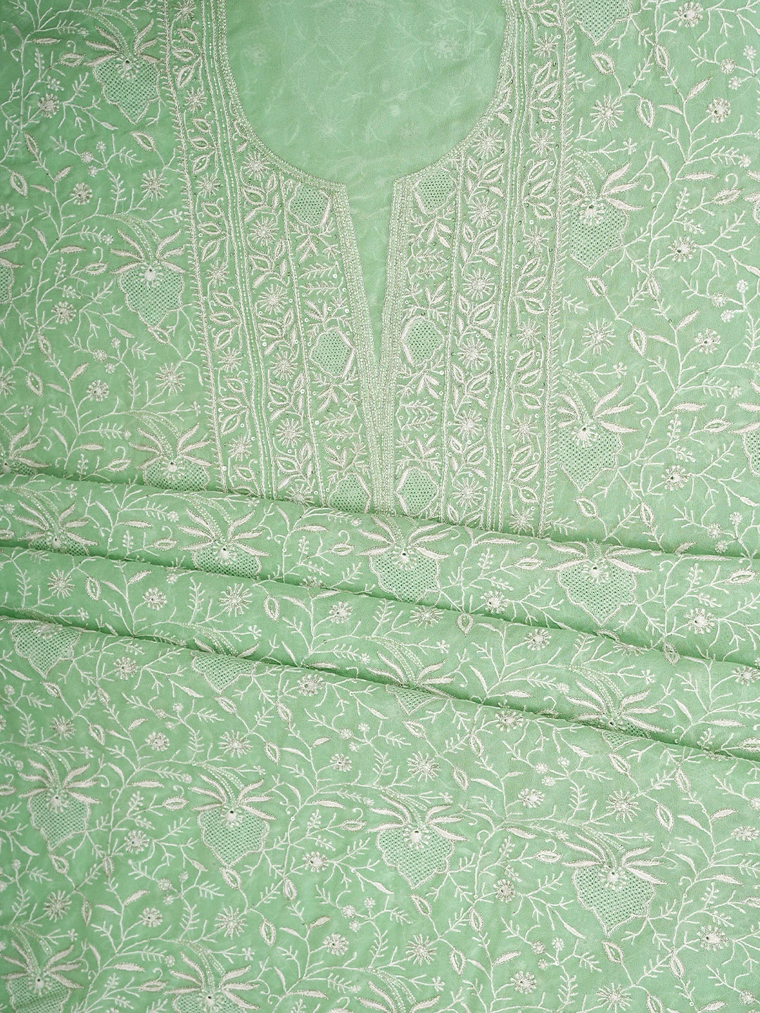 Ada Hand Embroidered Sea Green Pure Georgette Lucknowi Chikankari Unstitched Kurta Dupatta Set With Cutdana Work 01A865530