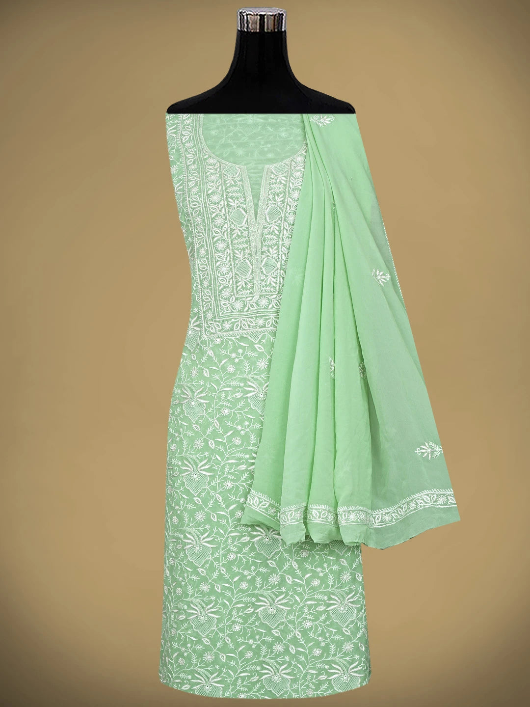Ada Hand Embroidered Sea Green Pure Georgette Lucknowi Chikankari Unstitched Kurta Dupatta Set With Cutdana Work 01A865530