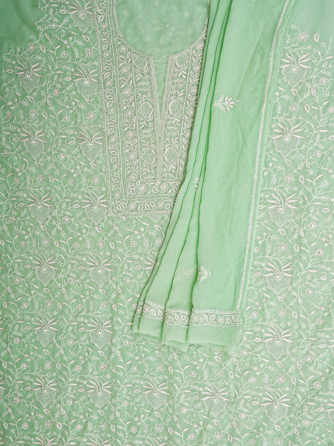Ada Hand Embroidered Sea Green Pure Georgette Lucknowi Chikankari Unstitched Kurta Dupatta Set With Cutdana Work 01A865530