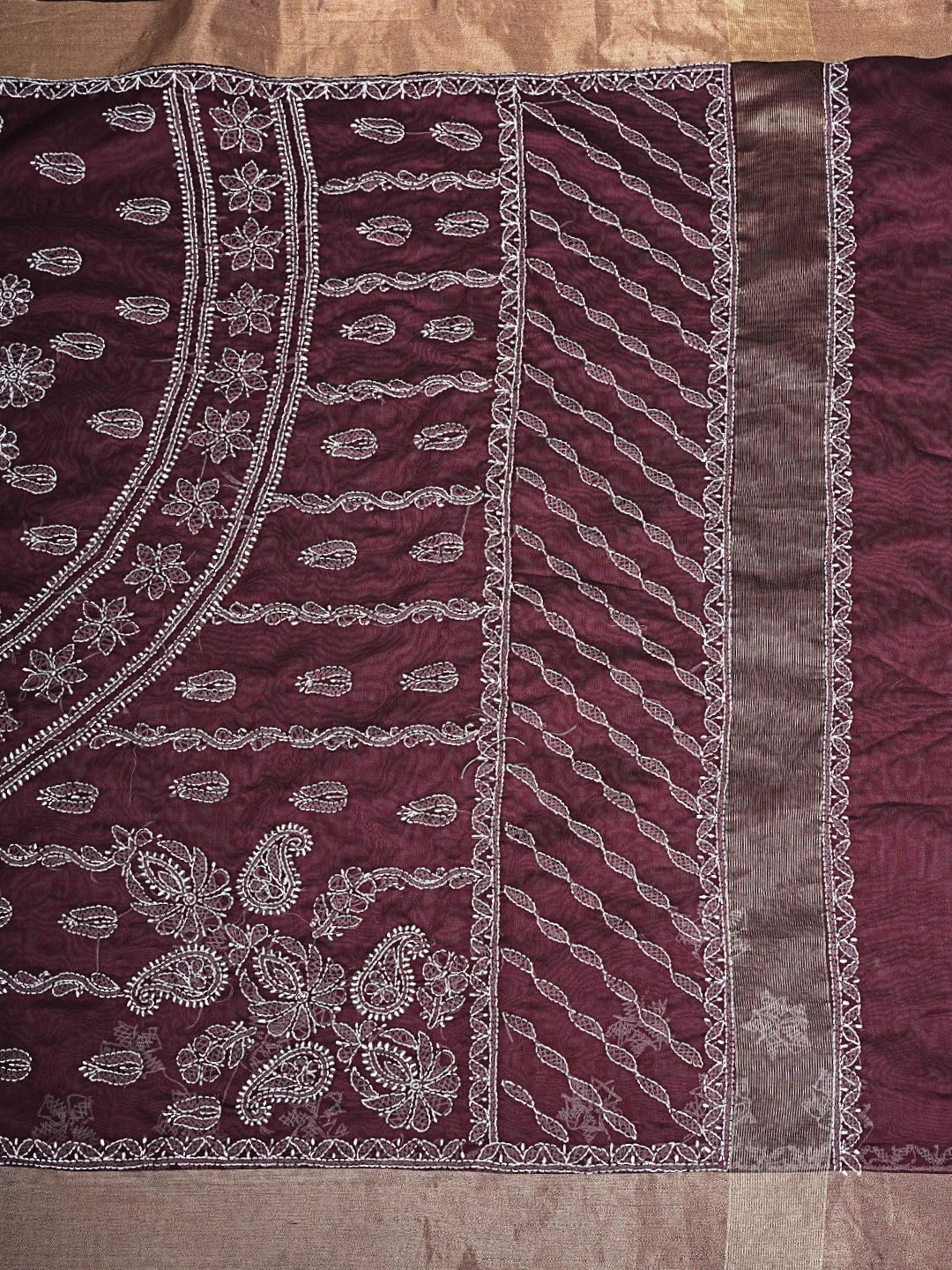 Ada Hand Embroidered Wine Chanderi Lucknowi Chikankari Saree With Blouse 01A896407