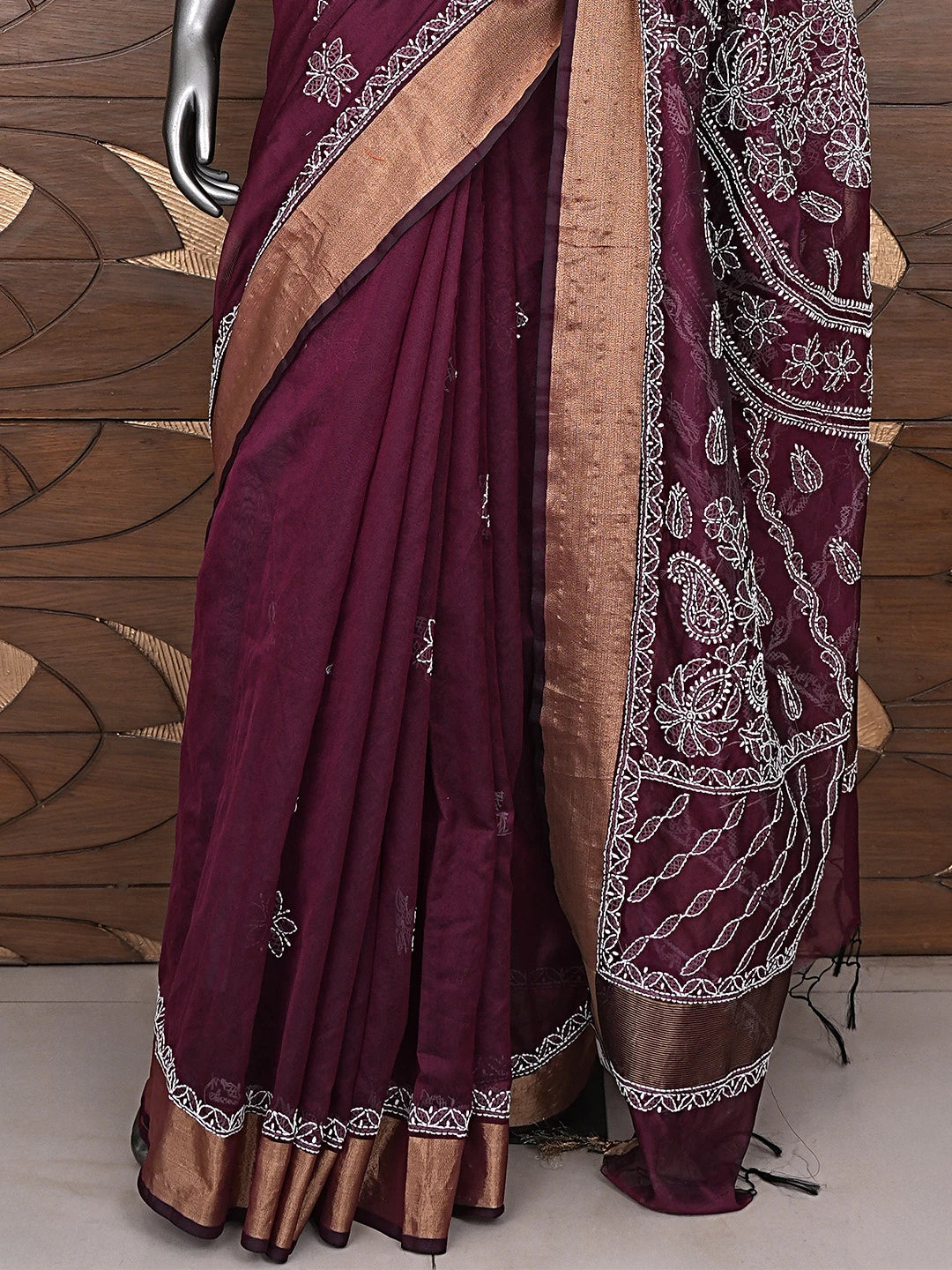 Ada Hand Embroidered Wine Chanderi Lucknowi Chikankari Saree With Blouse 01A896407