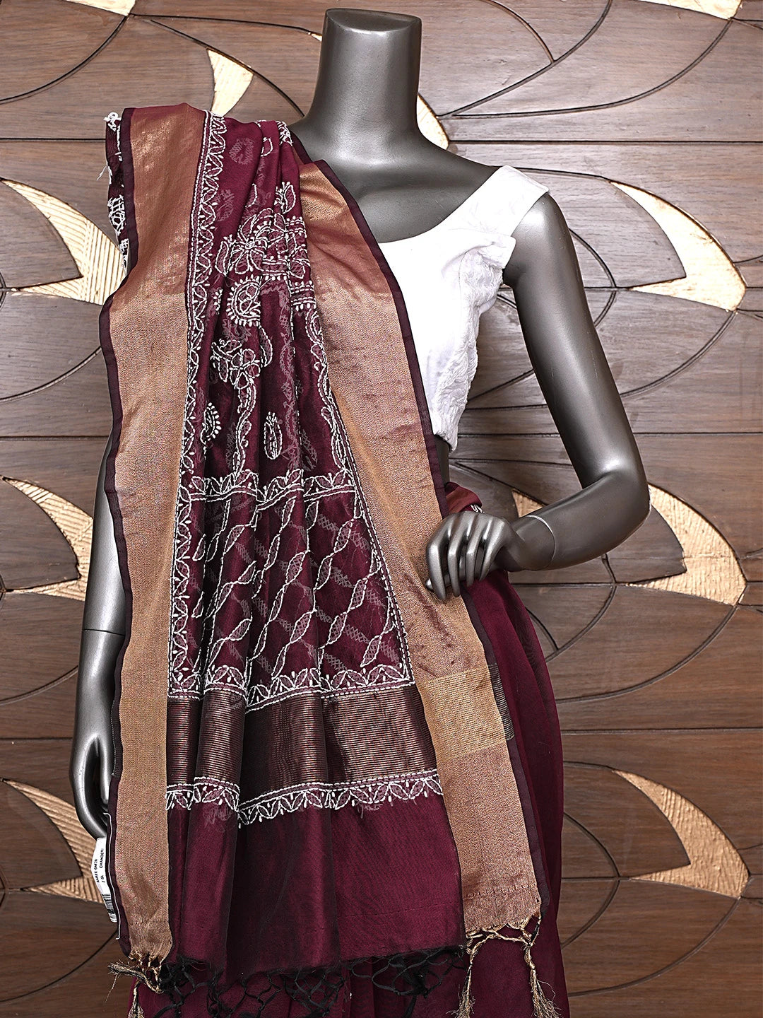 Ada Hand Embroidered Wine Chanderi Lucknowi Chikankari Saree With Blouse 01A896407