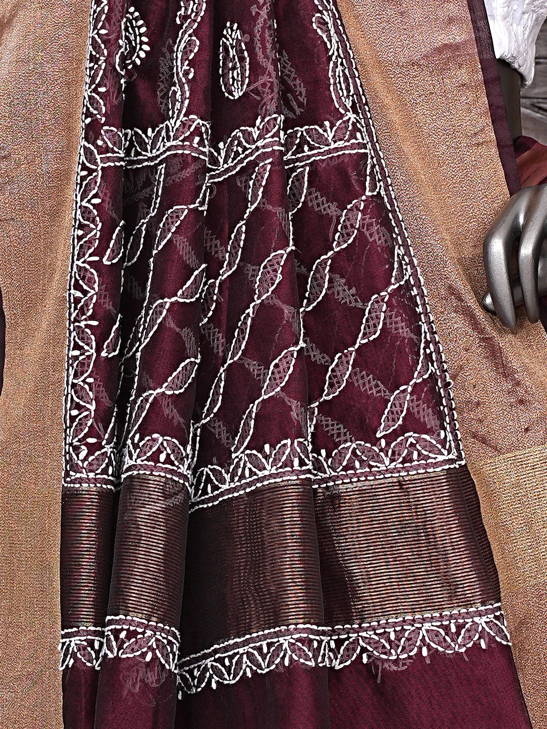 Ada Hand Embroidered Wine Chanderi Lucknowi Chikankari Saree With Blouse 01A896407