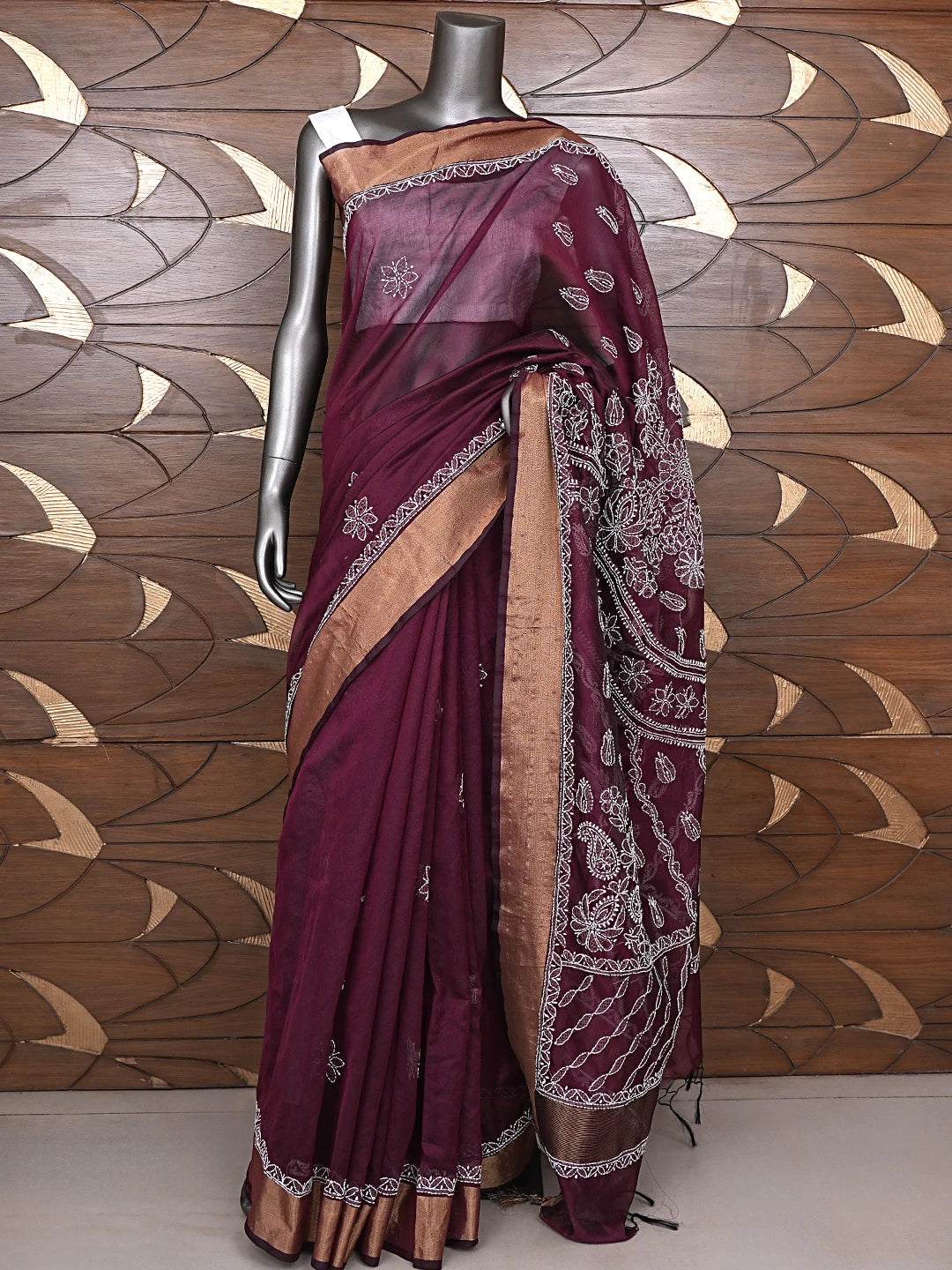 Ada Hand Embroidered Wine Chanderi Lucknowi Chikankari Saree With Blouse 01A896407
