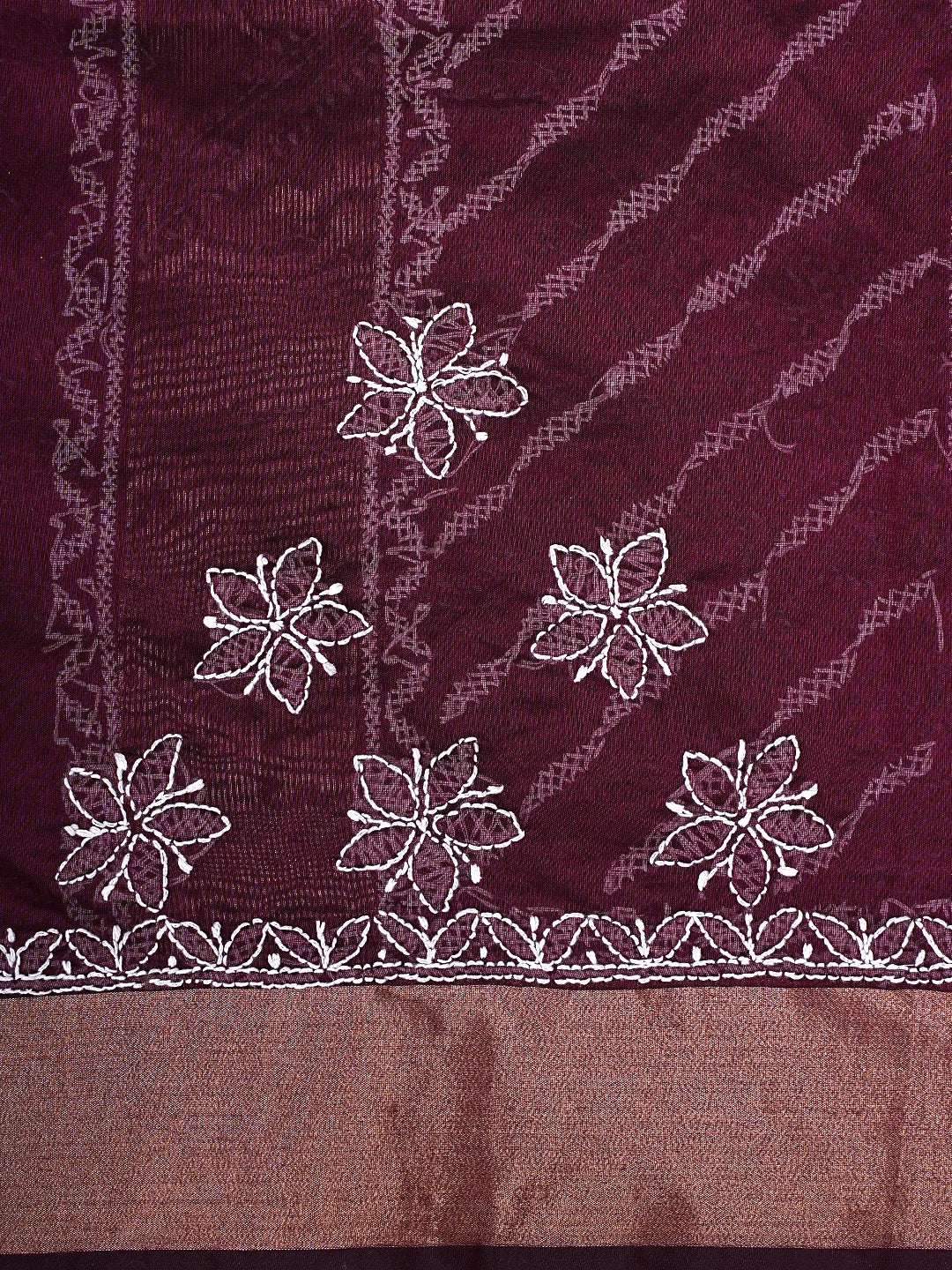 Ada Hand Embroidered Wine Chanderi Lucknowi Chikankari Saree With Blouse 01A896407
