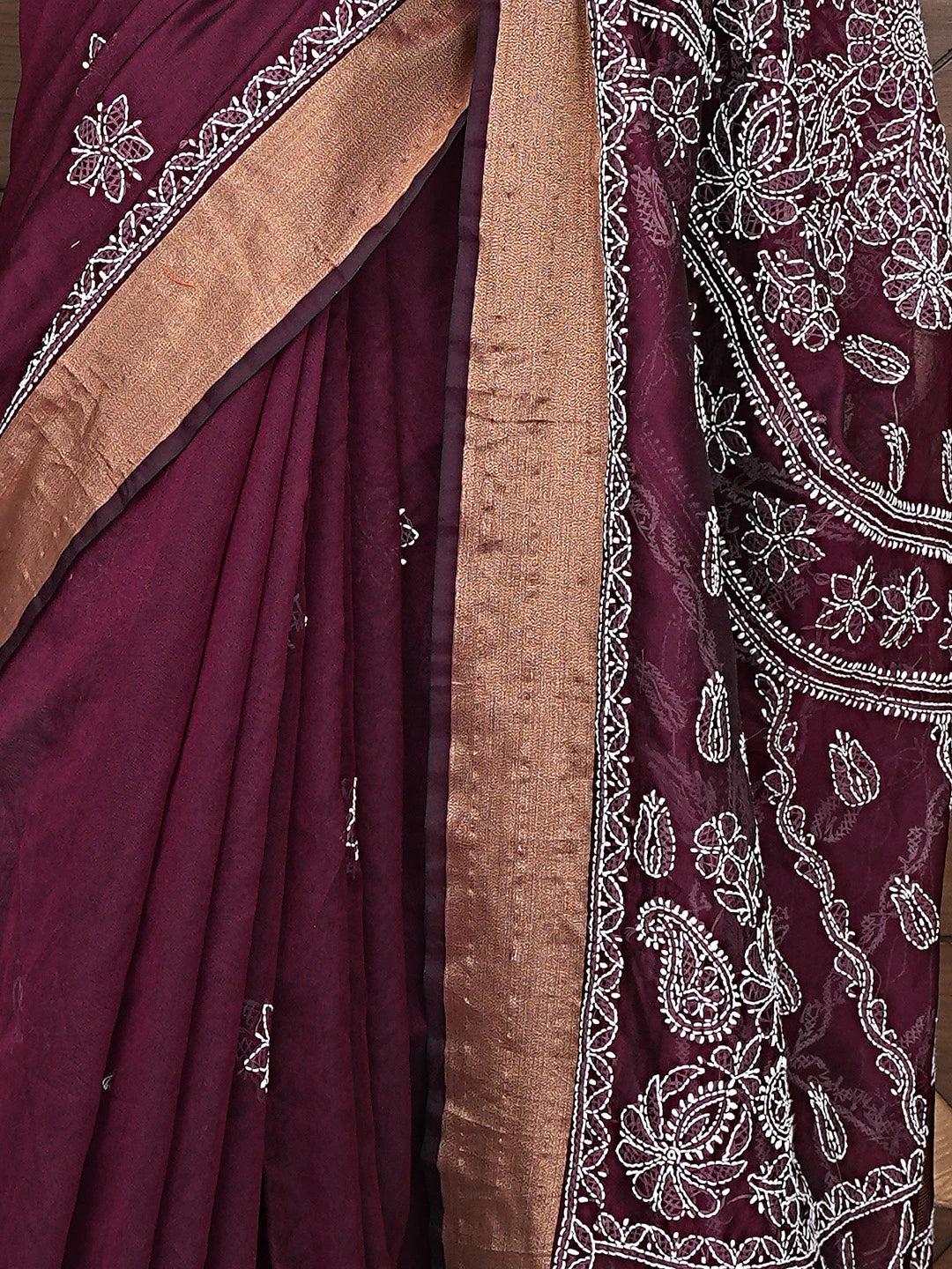 Ada Hand Embroidered Wine Chanderi Lucknowi Chikankari Saree With Blouse 01A896407