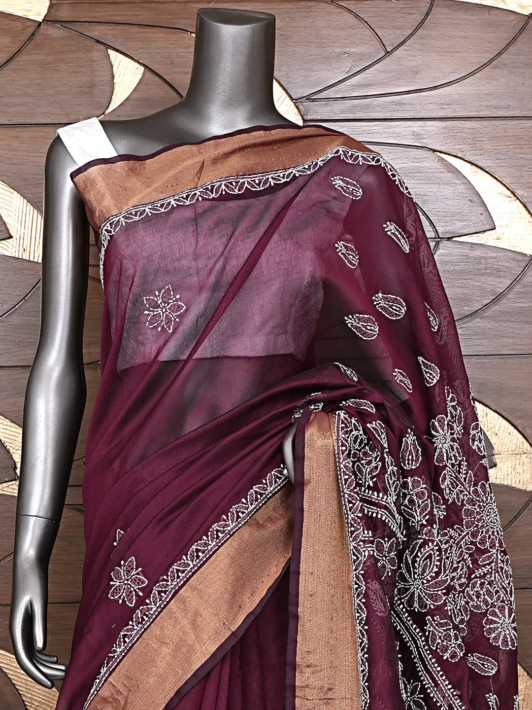 Ada Hand Embroidered Wine Chanderi Lucknowi Chikankari Saree With Blouse 01A896407