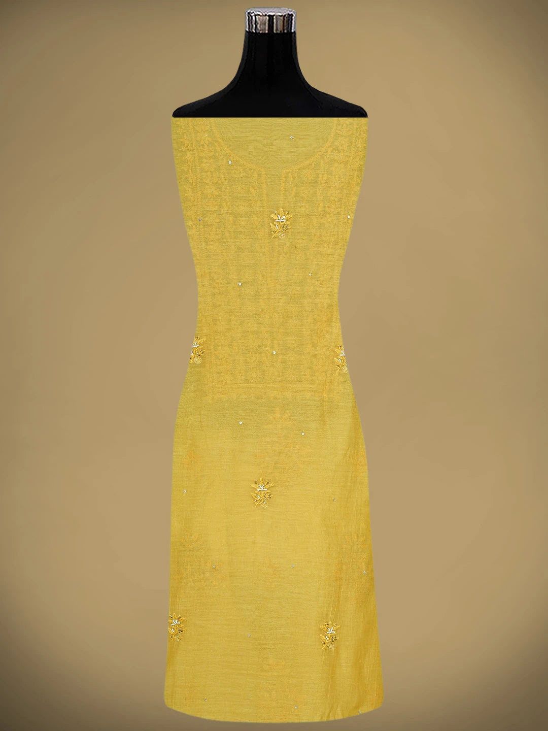 Ada Hand Embroidered Mustard Chanderi Lucknowi Chikankari Unstitched Kurta Dupatta Set With Pearl Work 01A712219