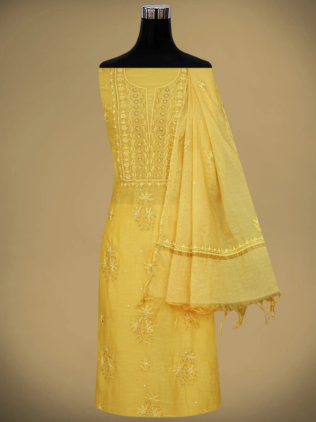 Ada Hand Embroidered Mustard Chanderi Lucknowi Chikankari Unstitched Kurta Dupatta Set With Pearl Work 01A712219