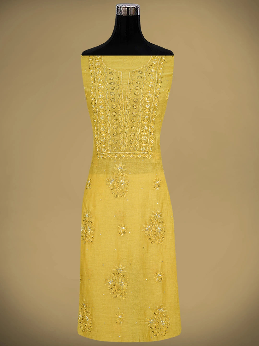 Ada Hand Embroidered Mustard Chanderi Lucknowi Chikankari Unstitched Kurta Dupatta Set With Pearl Work 01A712219