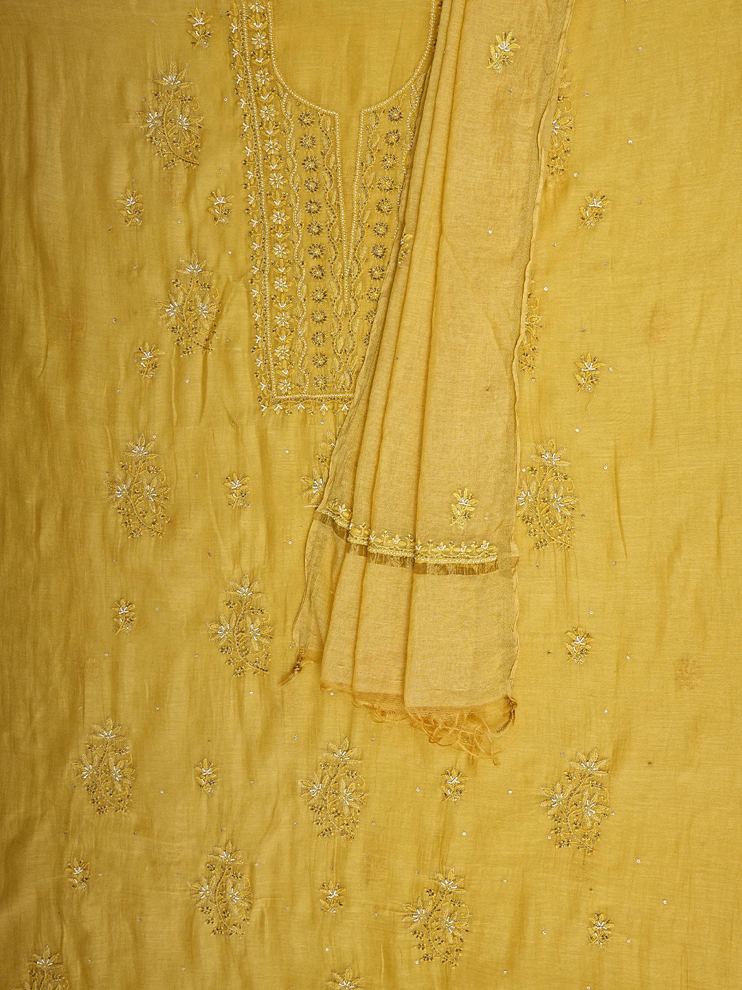 Ada Hand Embroidered Mustard Chanderi Lucknowi Chikankari Unstitched Kurta Dupatta Set With Pearl Work 01A712219
