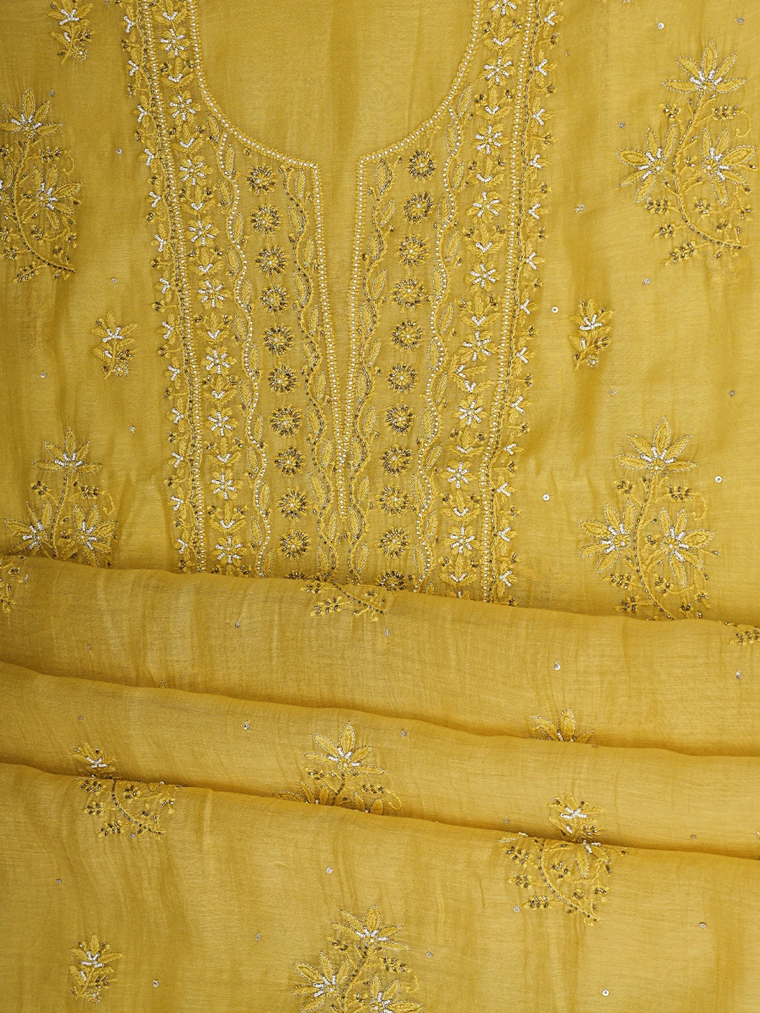 Ada Hand Embroidered Mustard Chanderi Lucknowi Chikankari Unstitched Kurta Dupatta Set With Pearl Work 01A712219