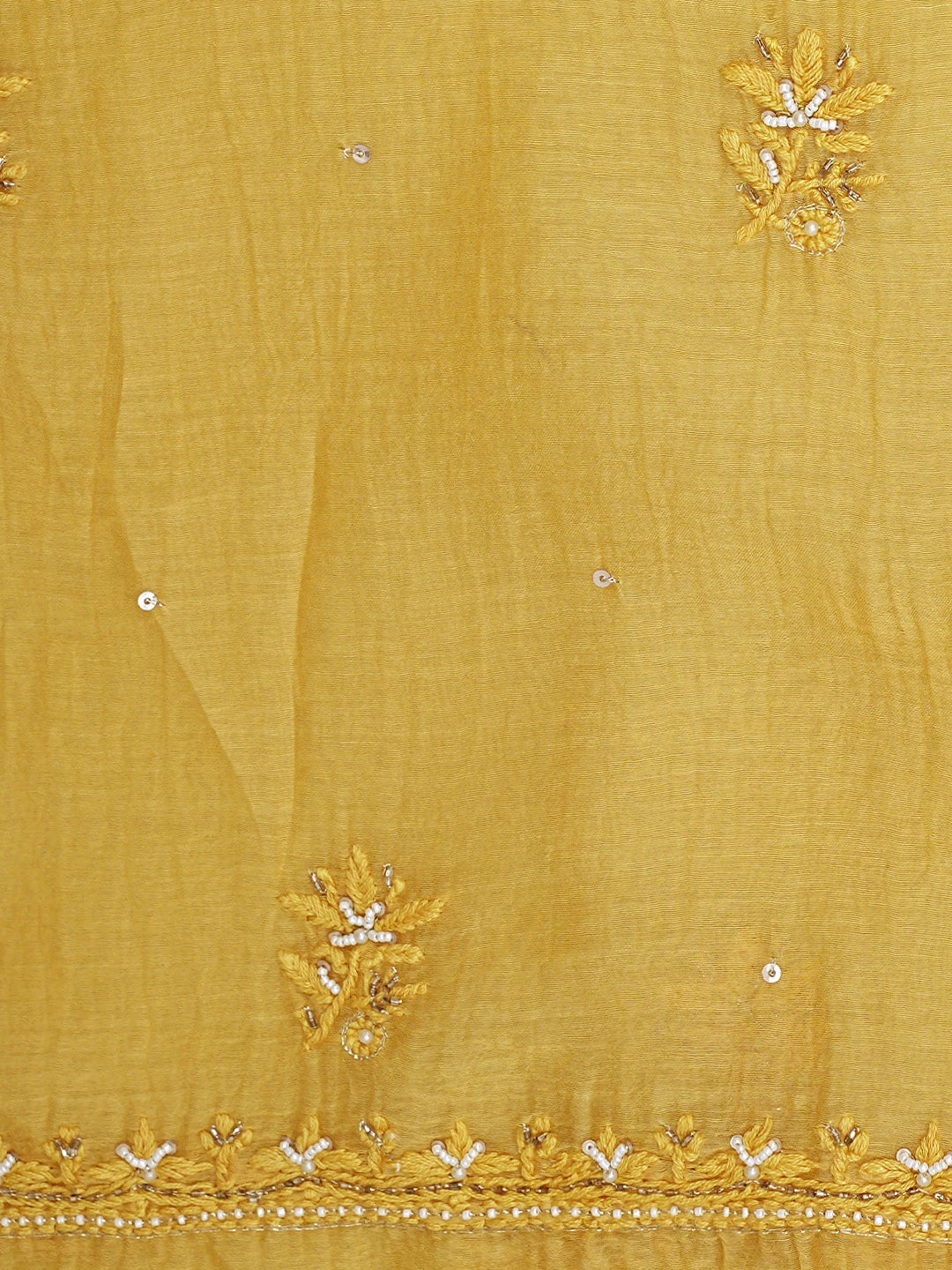 Ada Hand Embroidered Mustard Chanderi Lucknowi Chikankari Unstitched Kurta Dupatta Set With Pearl Work 01A712219