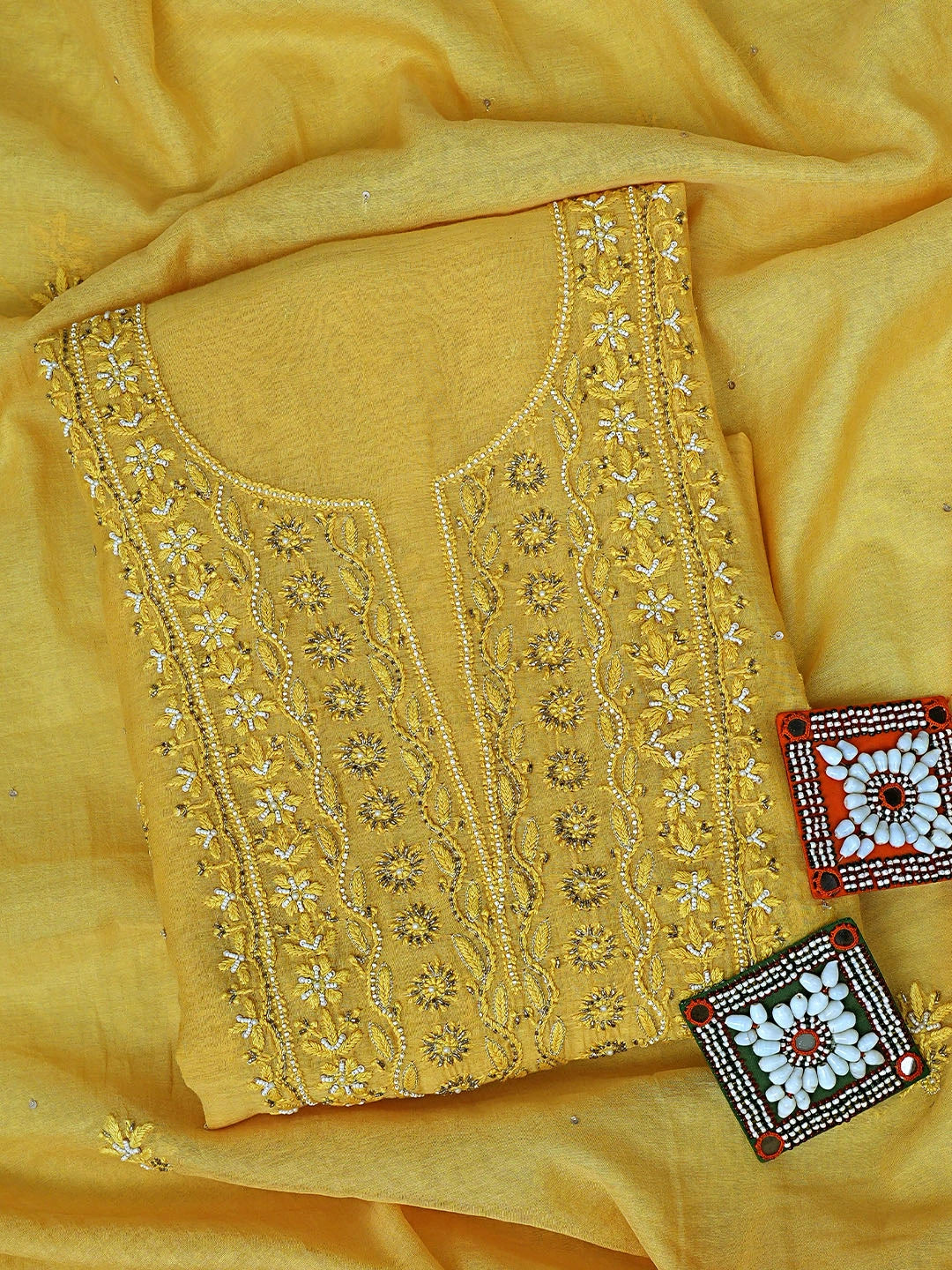 Ada Hand Embroidered Mustard Chanderi Lucknowi Chikankari Unstitched Kurta Dupatta Set With Pearl Work 01A712219