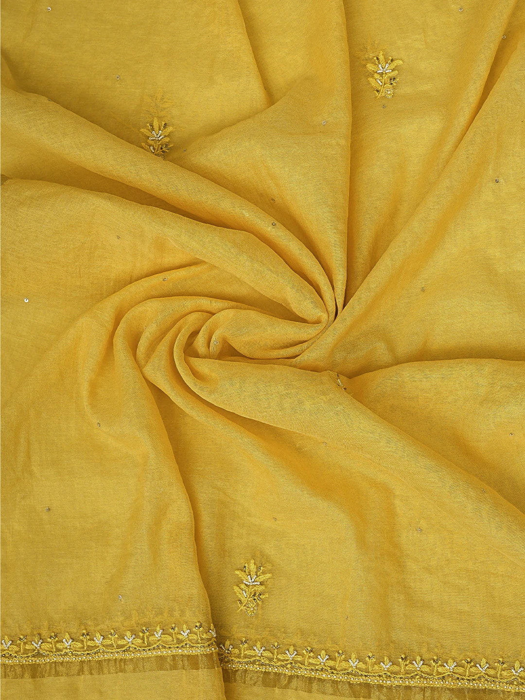 Ada Hand Embroidered Mustard Chanderi Lucknowi Chikankari Unstitched Kurta Dupatta Set With Pearl Work 01A712219