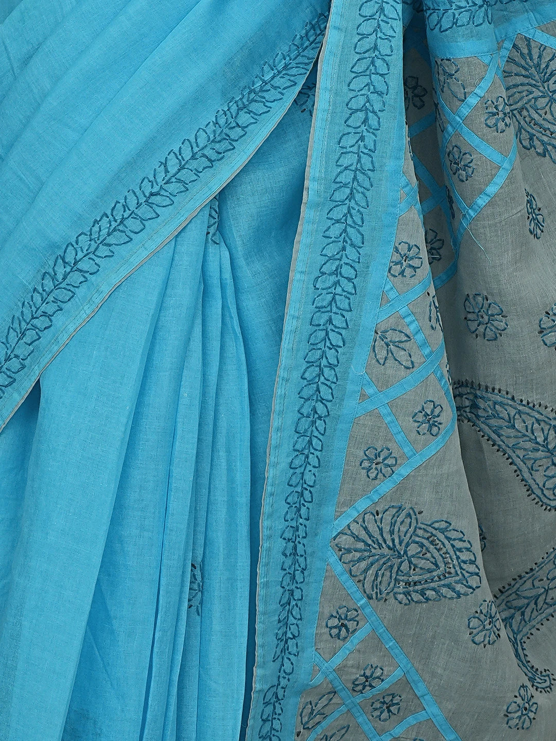 Ada Hand Embroidered Blue Cotton Lucknowi Chikankari Saree and Blouse 01A904844