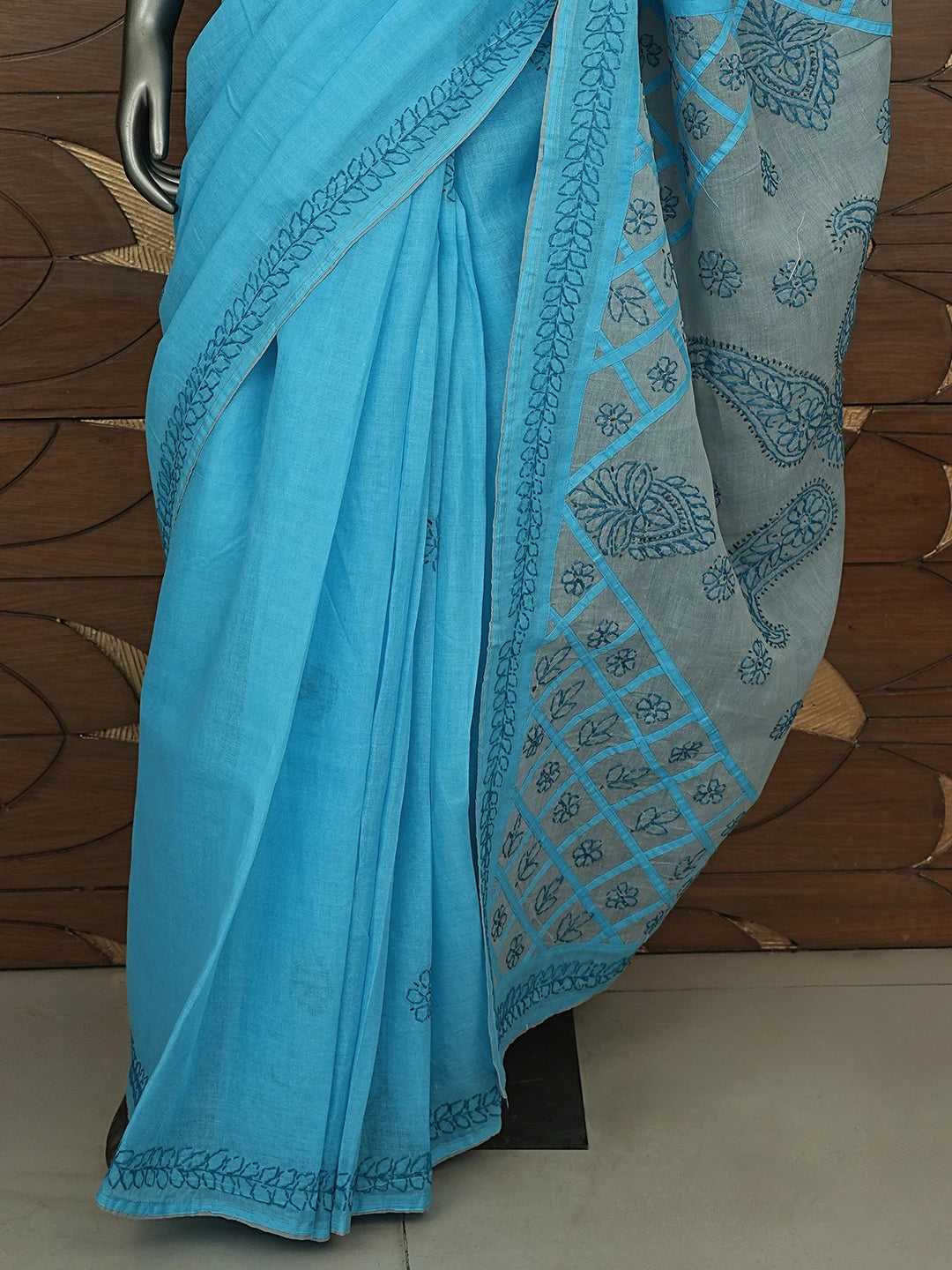 Ada Hand Embroidered Blue Cotton Lucknowi Chikankari Saree and Blouse 01A904844