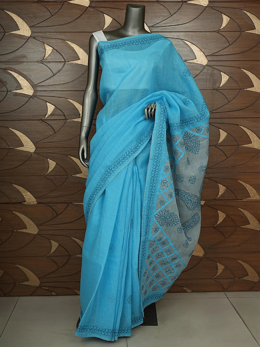 Ada Hand Embroidered Blue Cotton Lucknowi Chikankari Saree and Blouse 01A904844
