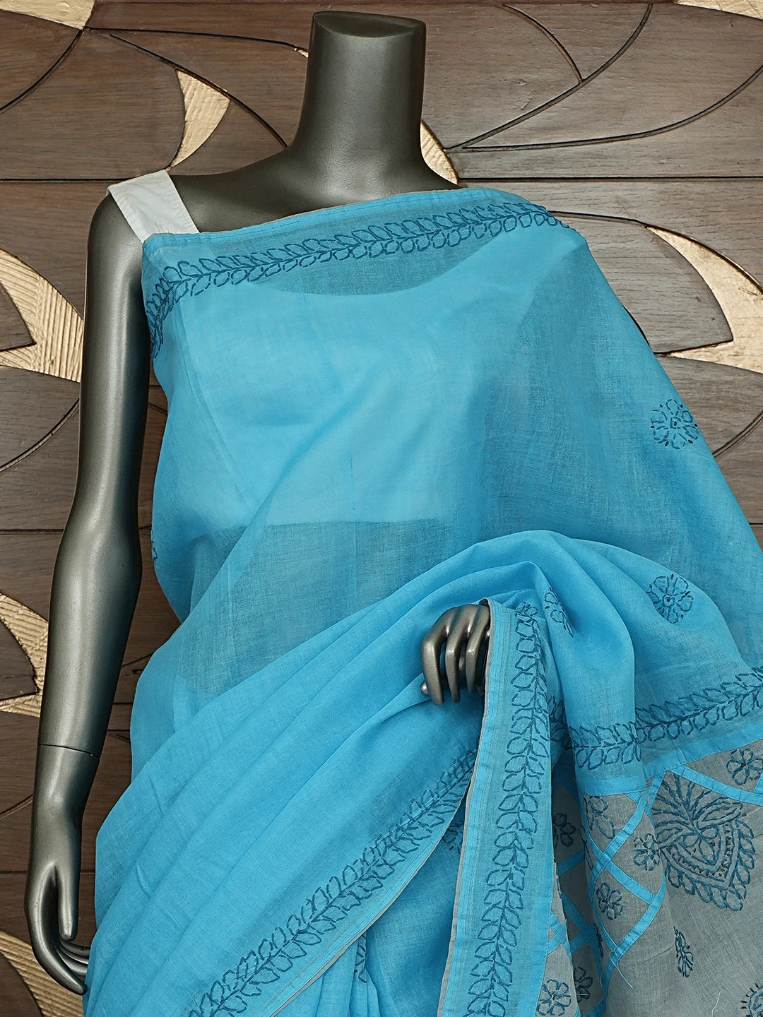 Ada Hand Embroidered Blue Cotton Lucknowi Chikankari Saree and Blouse 01A904844
