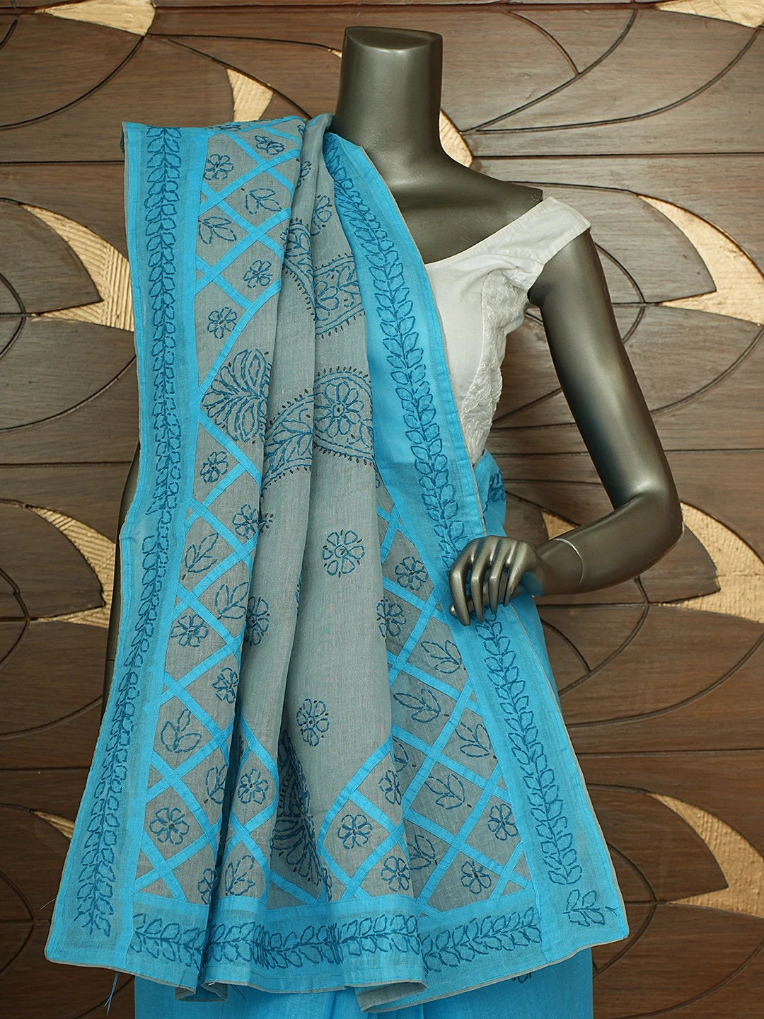 Ada Hand Embroidered Blue Cotton Lucknowi Chikankari Saree and Blouse 01A904844
