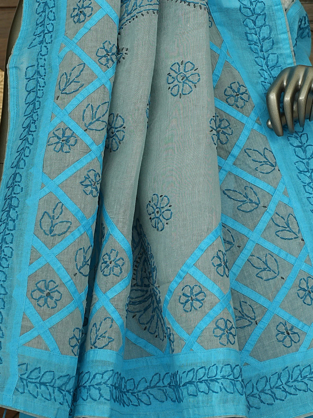 Ada Hand Embroidered Blue Cotton Lucknowi Chikankari Saree and Blouse 01A904844