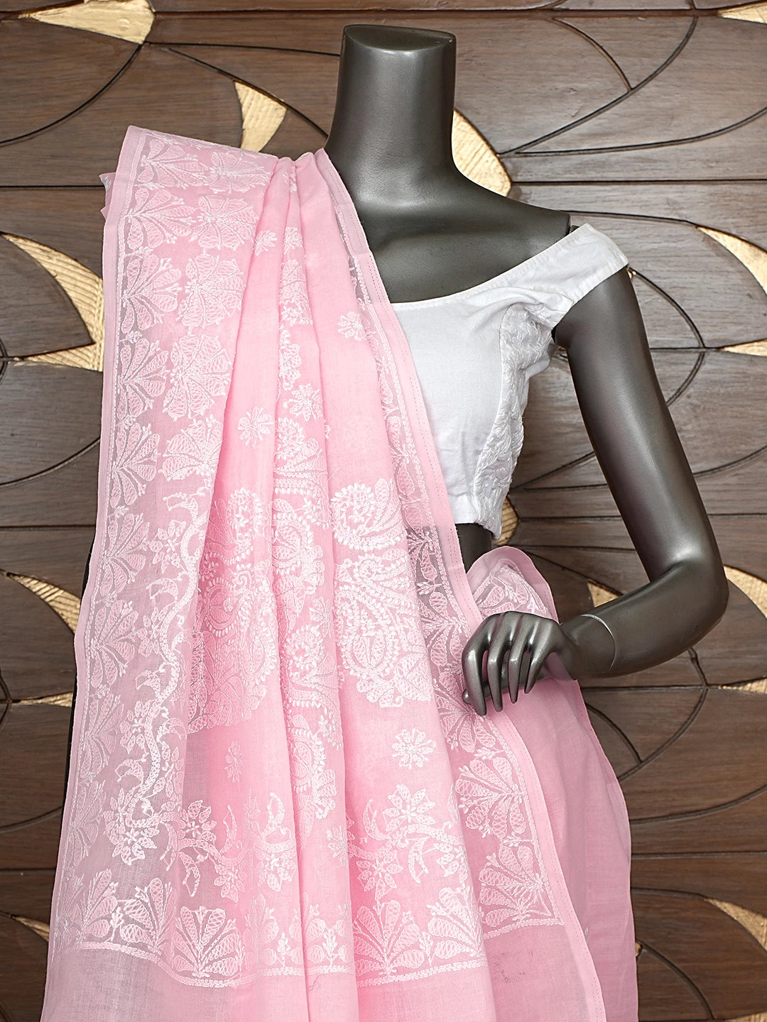 Ada Hand Embroidered Pink Cotton Lucknowi Chikankari Saree and Blouse 01A777948