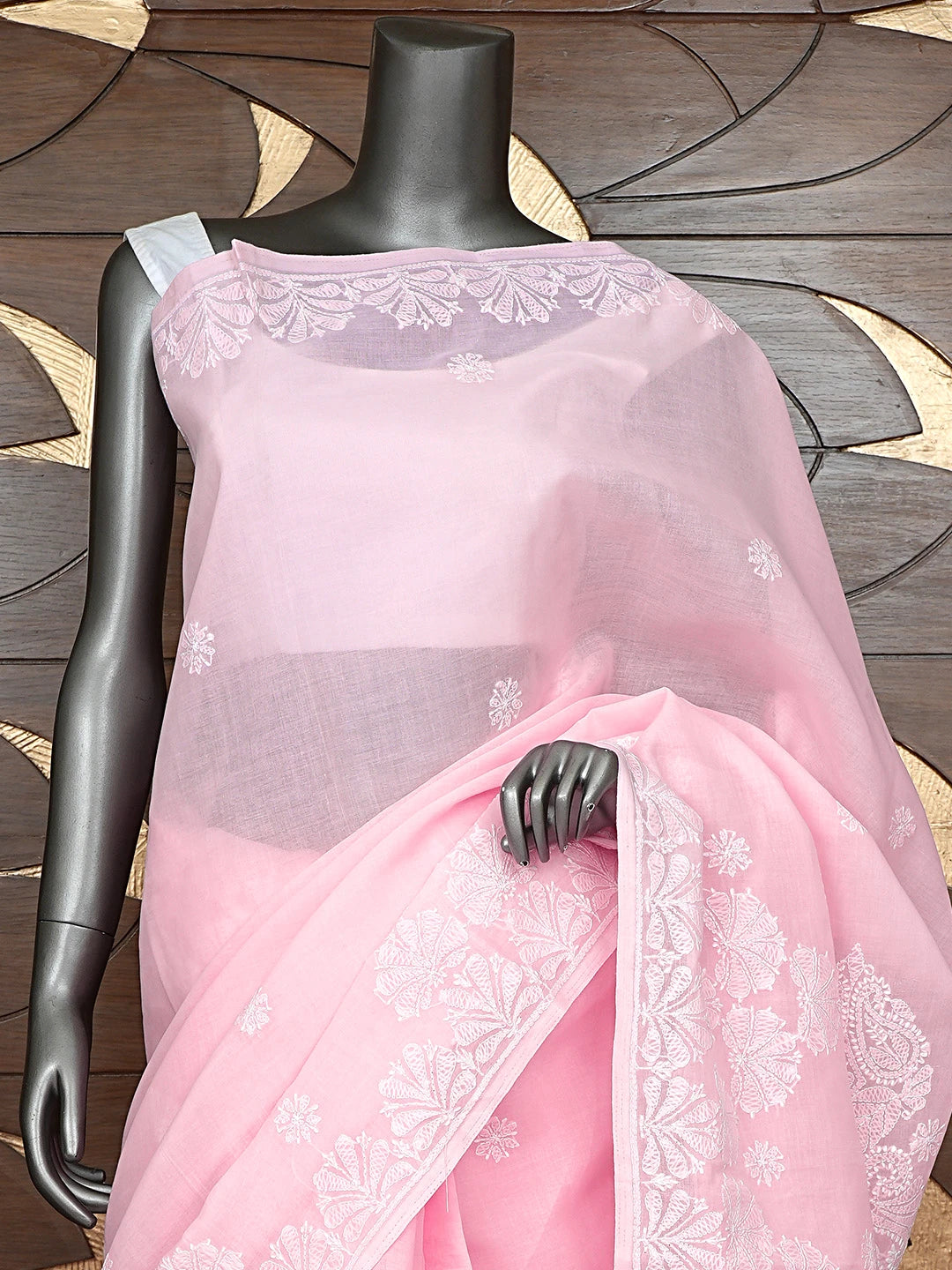 Ada Hand Embroidered Pink Cotton Lucknowi Chikankari Saree and Blouse 01A777948