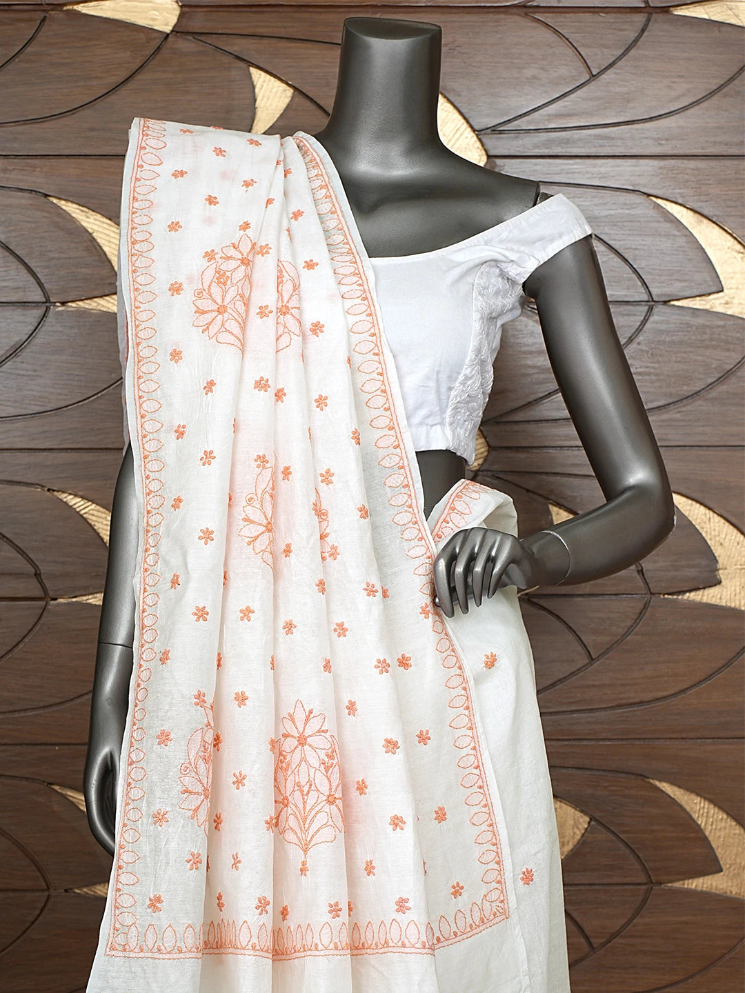 Ada Hand Embroidered White Cotton Lucknowi Chikankari Saree and Blouse 01A821763