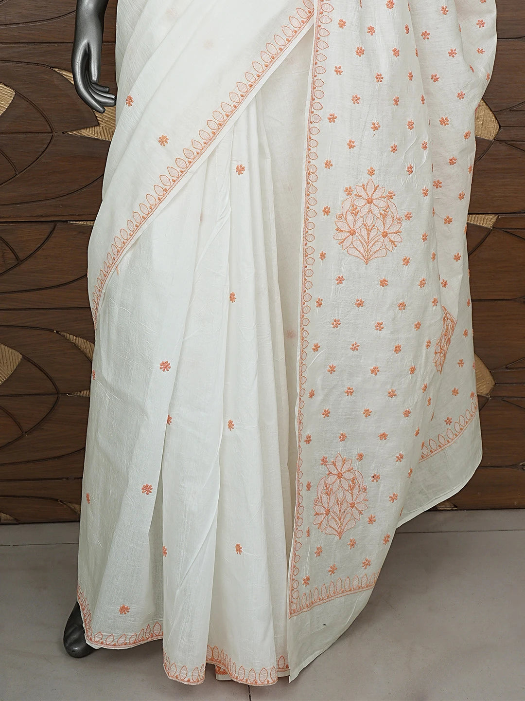 Ada Hand Embroidered White Cotton Lucknowi Chikankari Saree and Blouse 01A821763