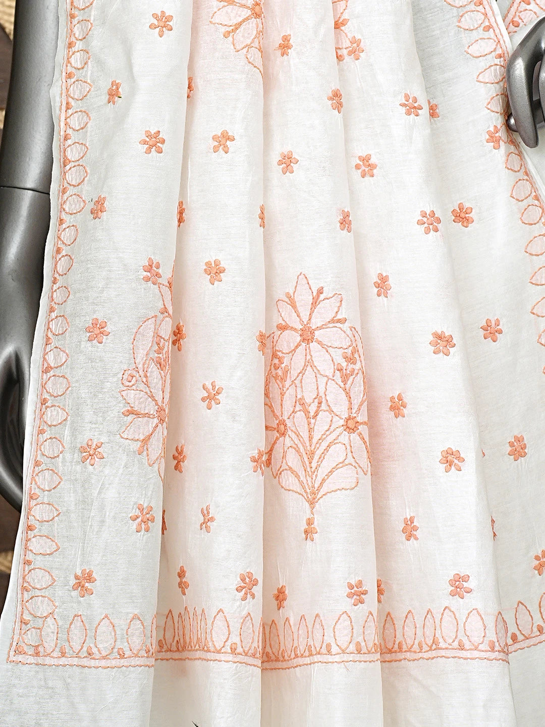 Ada Hand Embroidered White Cotton Lucknowi Chikankari Saree and Blouse 01A821763