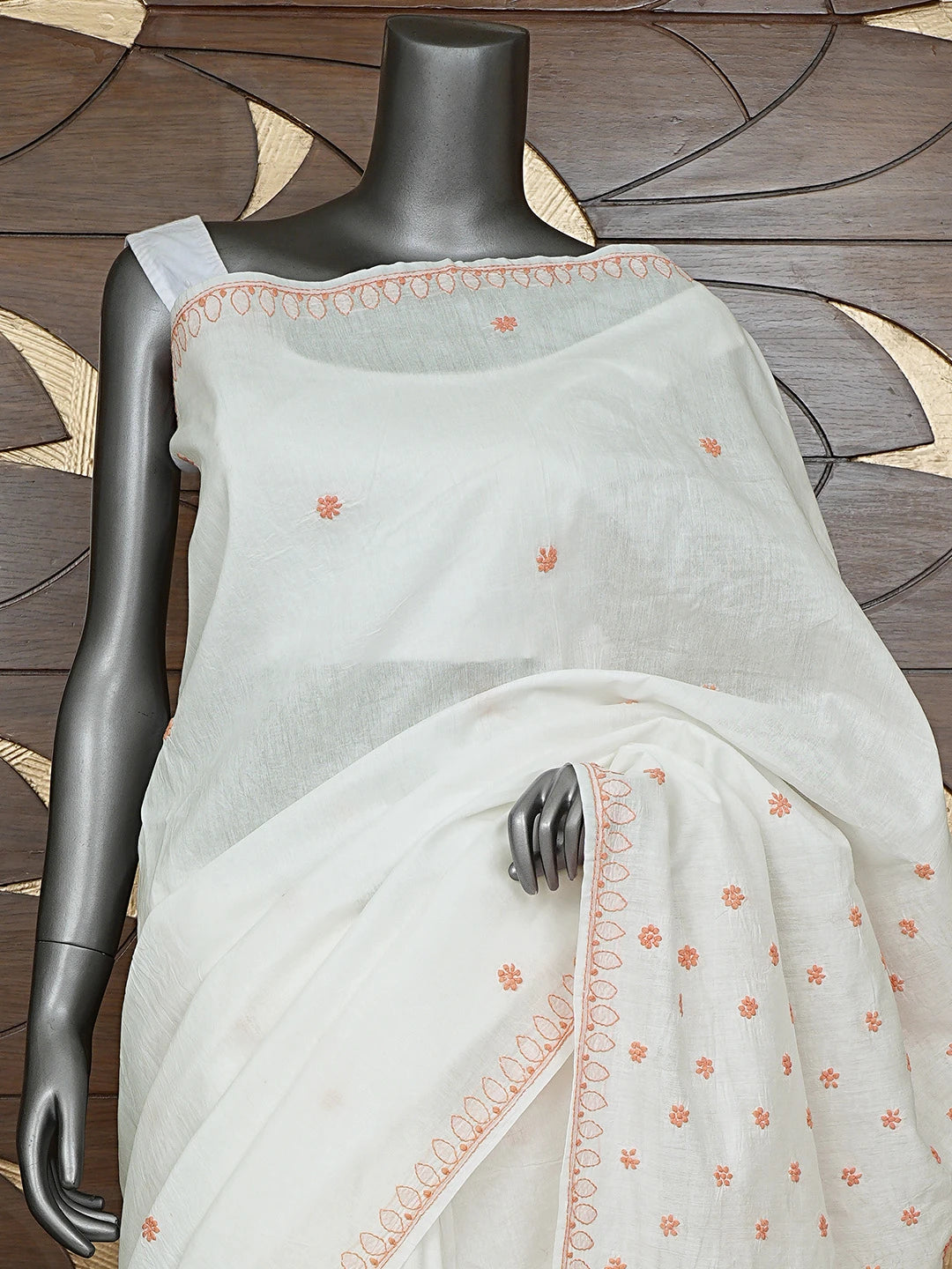 Ada Hand Embroidered White Cotton Lucknowi Chikankari Saree and Blouse 01A821763