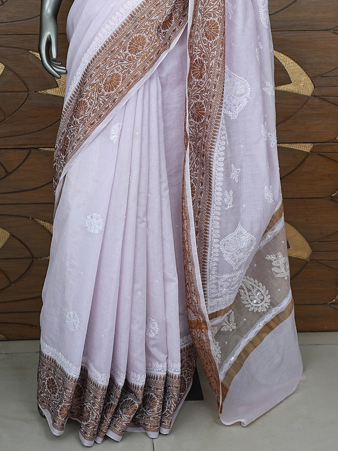 Ada Hand Embroidered Thistle Purple Chanderi Lucknowi Chikankari Saree and Blouse With Cutdana Work 01A780655