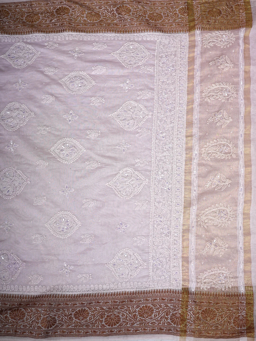 Ada Hand Embroidered Thistle Purple Chanderi Lucknowi Chikankari Saree and Blouse With Cutdana Work 01A780655