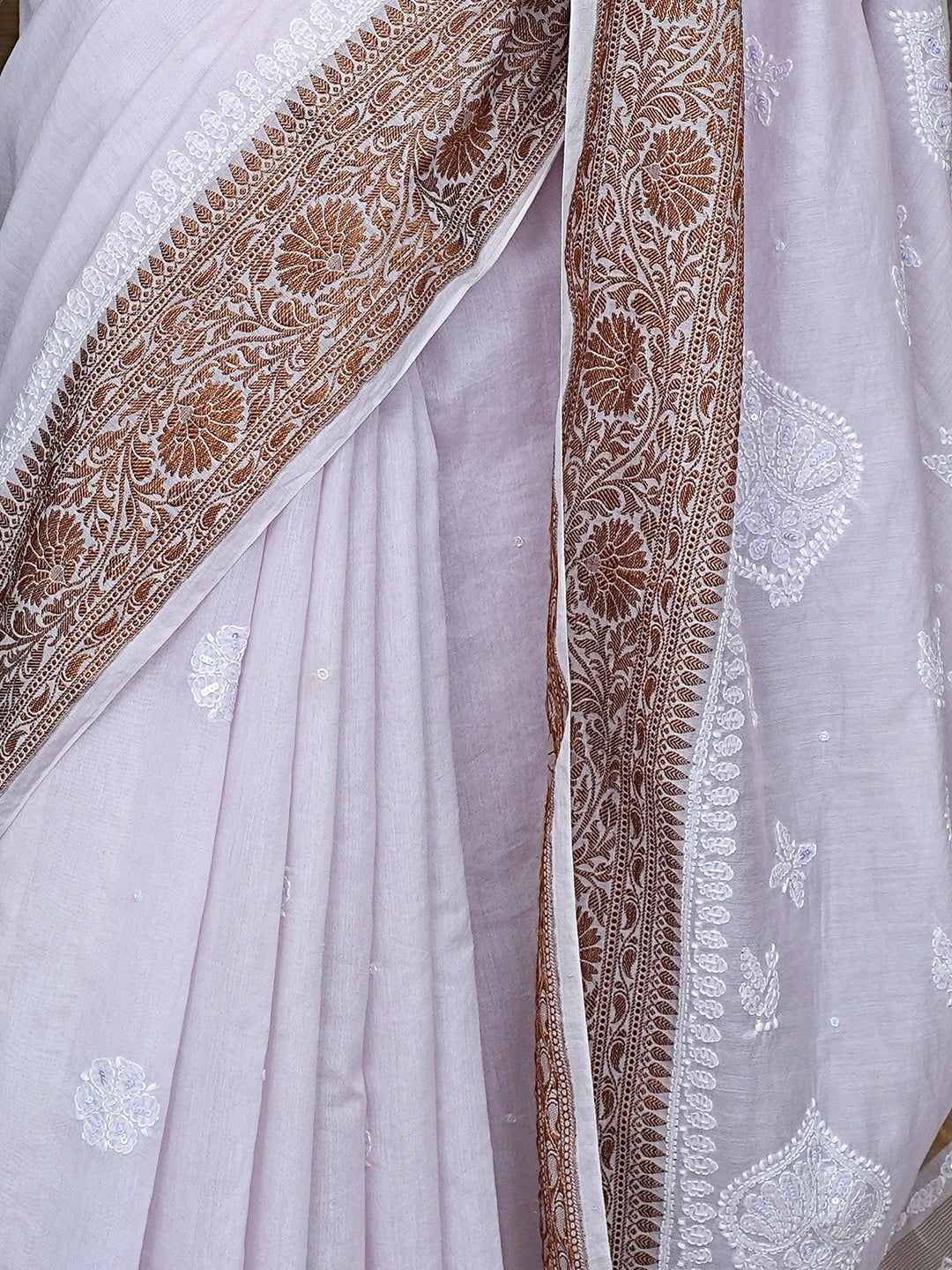 Ada Hand Embroidered Thistle Purple Chanderi Lucknowi Chikankari Saree and Blouse With Cutdana Work 01A780655